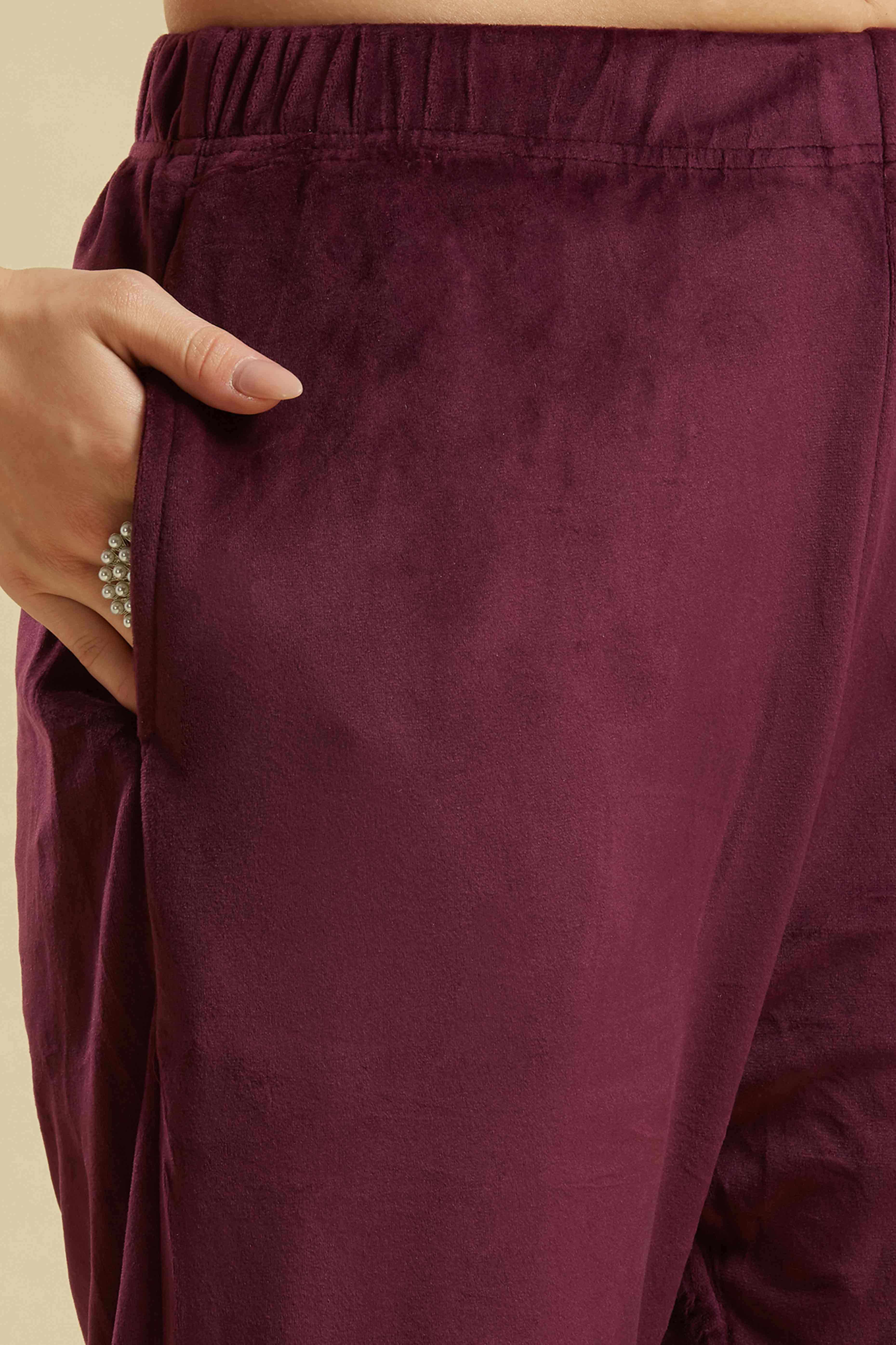 Wine Embroidered Velvet Straight Salwar Suit