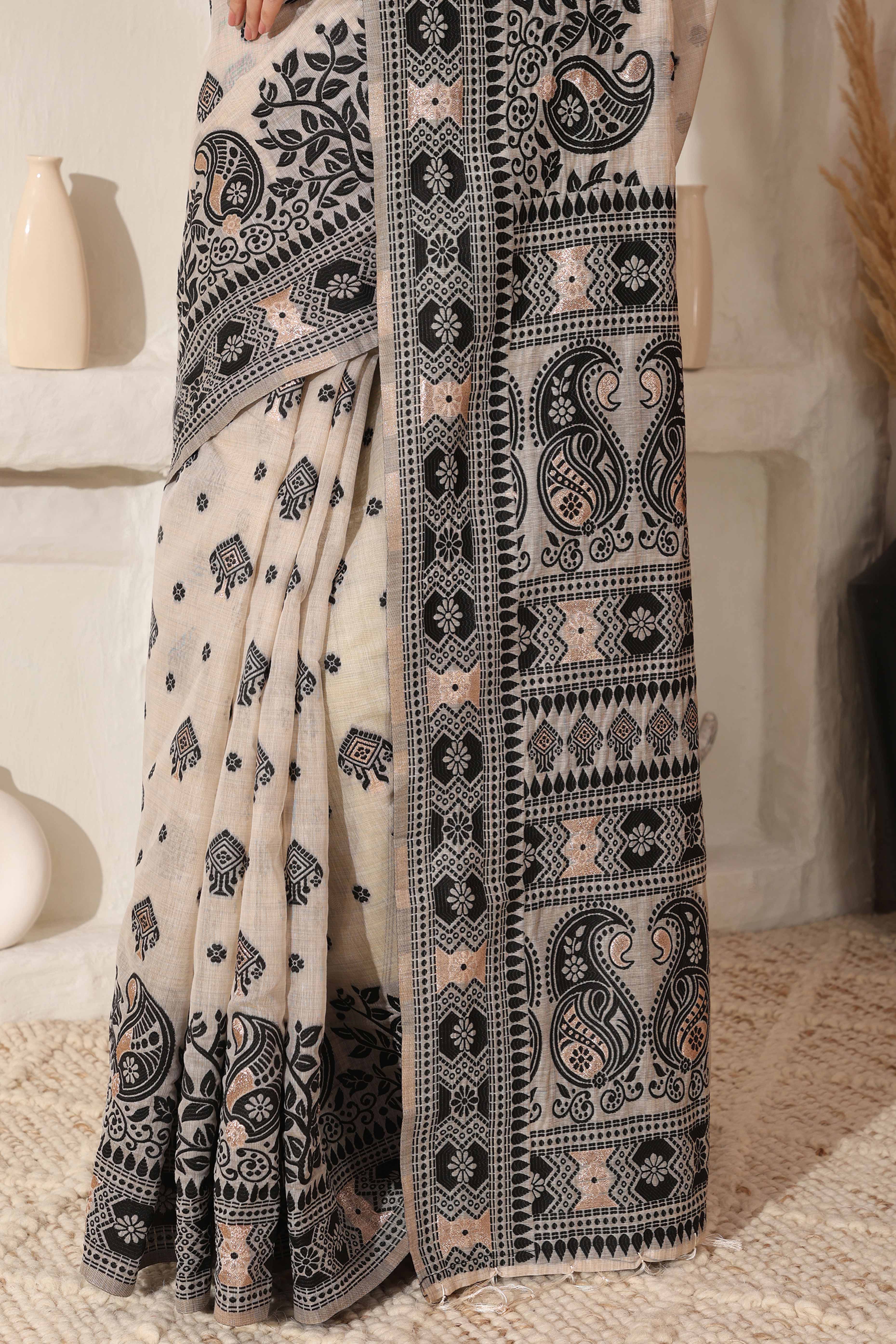 Cream & Black Saree In Linen Cotton With Traditional Zari Woven Detailing And Tassel Pallu