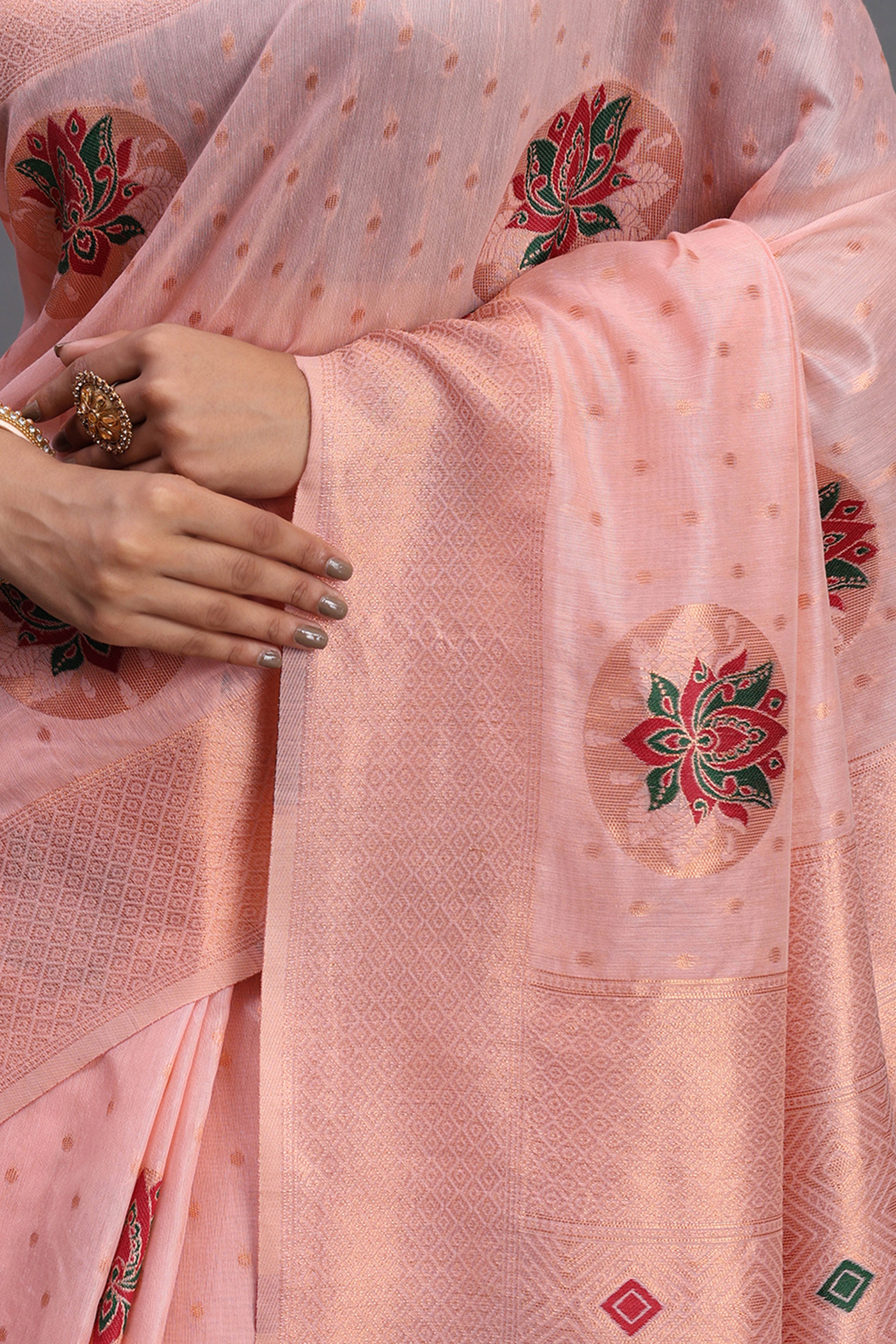 Stylish Light Pink Floral Zari Weaving Linen Cotton Saree With Graceful Tassel Pallu