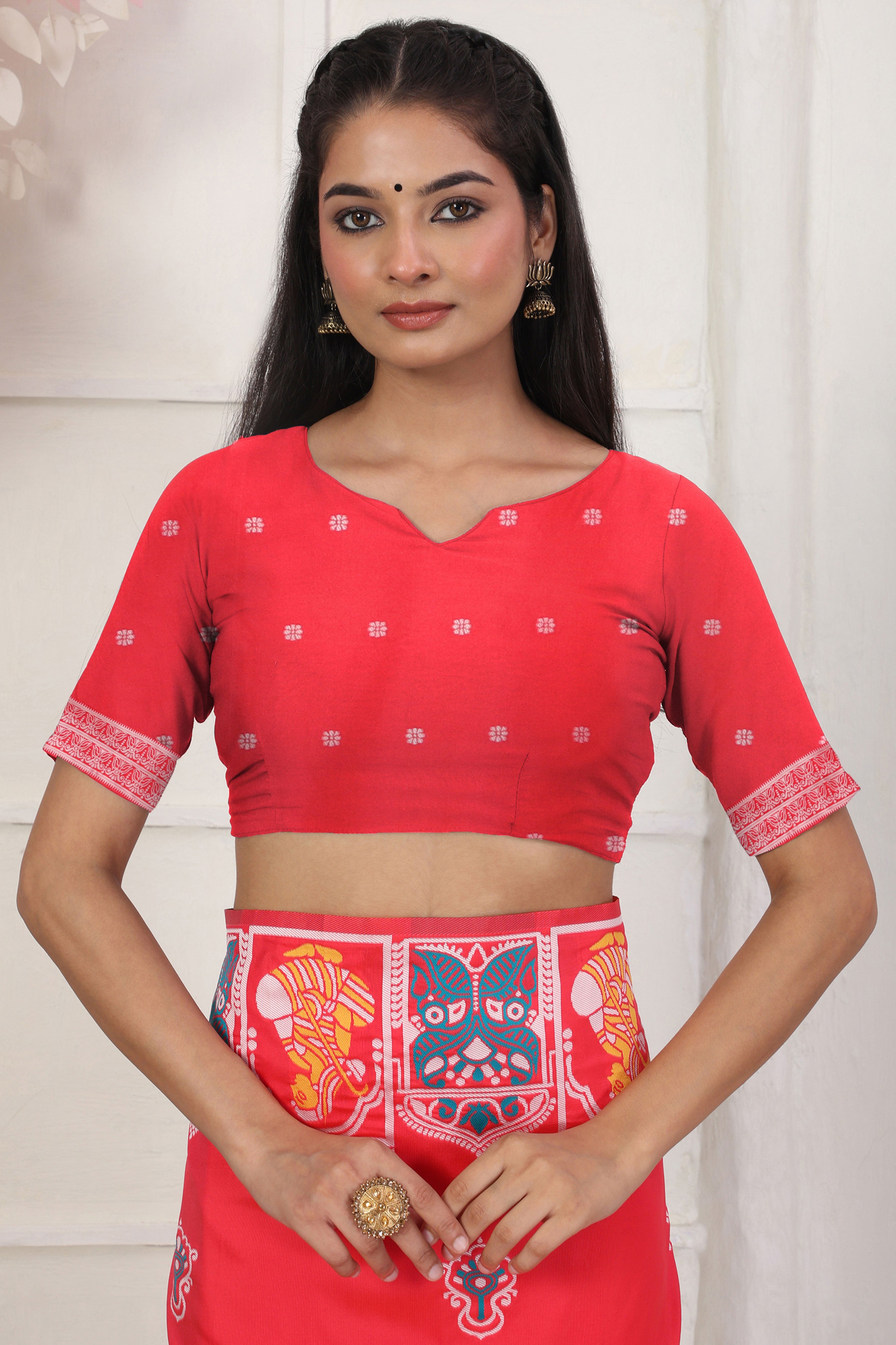 Red Ethnic Madhubani Print Silk Blend Saree Enhanced With Tassel Pallu Accents