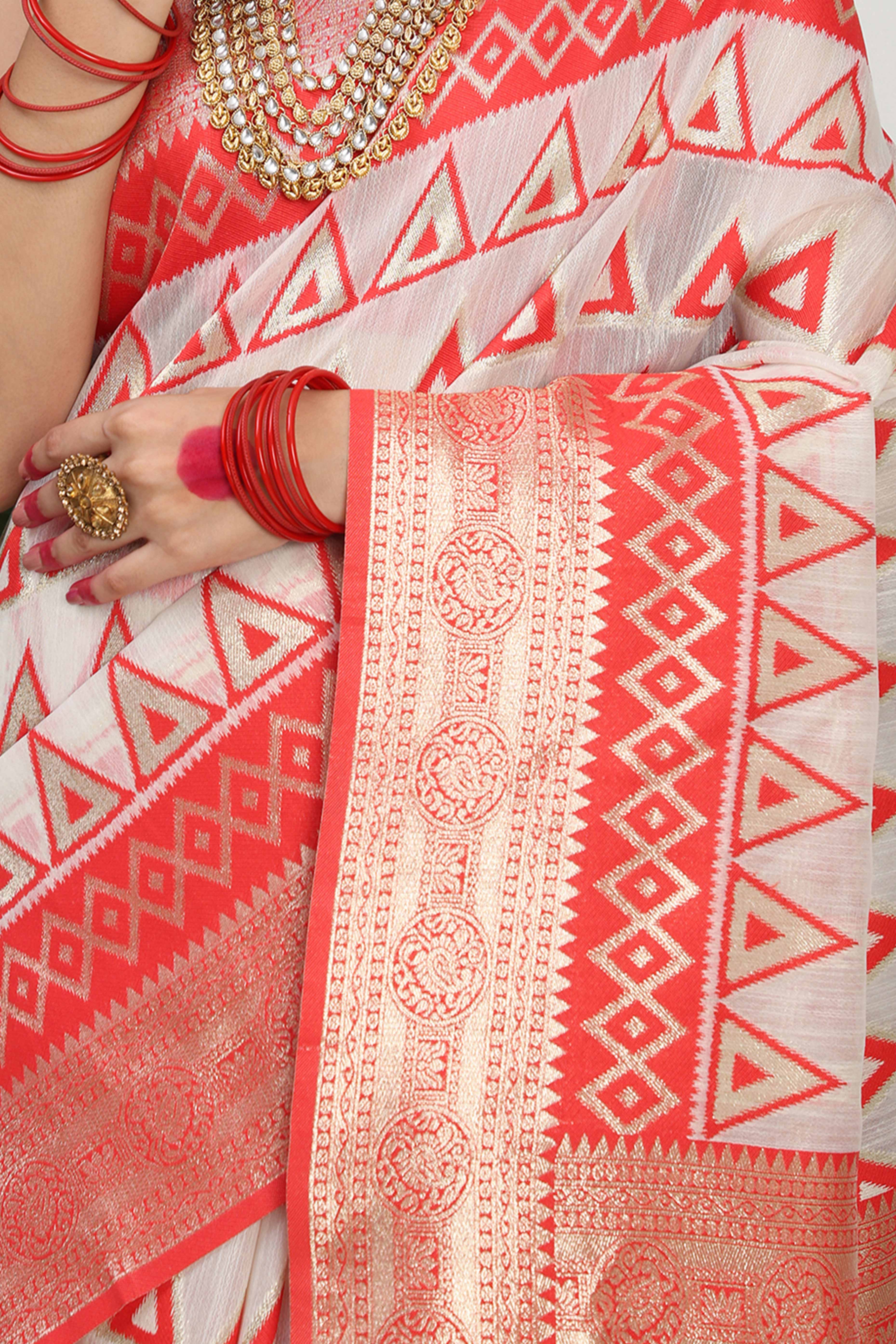 Traditional White & Red Linen Cotton Saree With Intricate Zari Weaving Work And Tassel Pallu