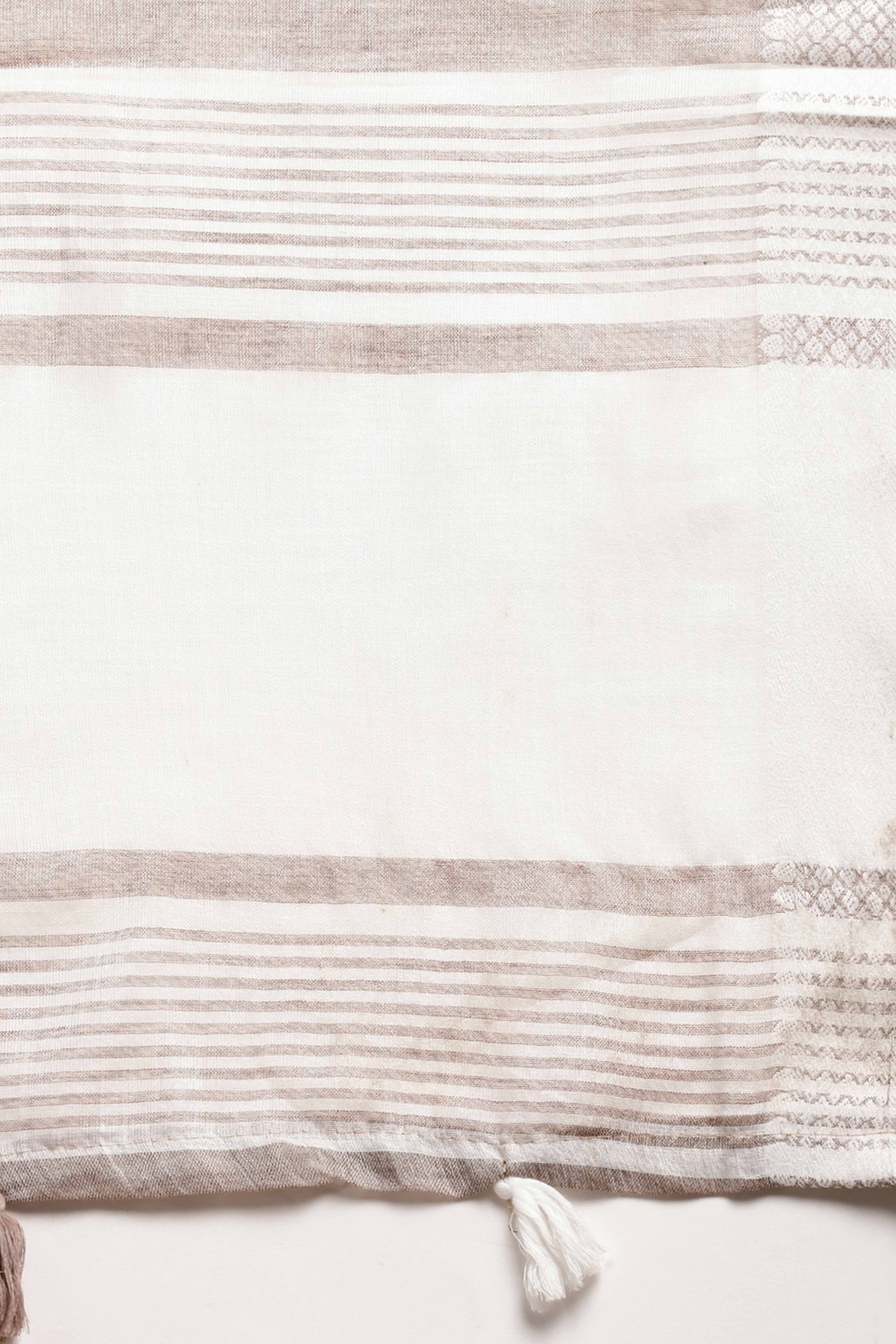 Beige Festive Linen Weaving Saree with Silver Zari Border & Pallu