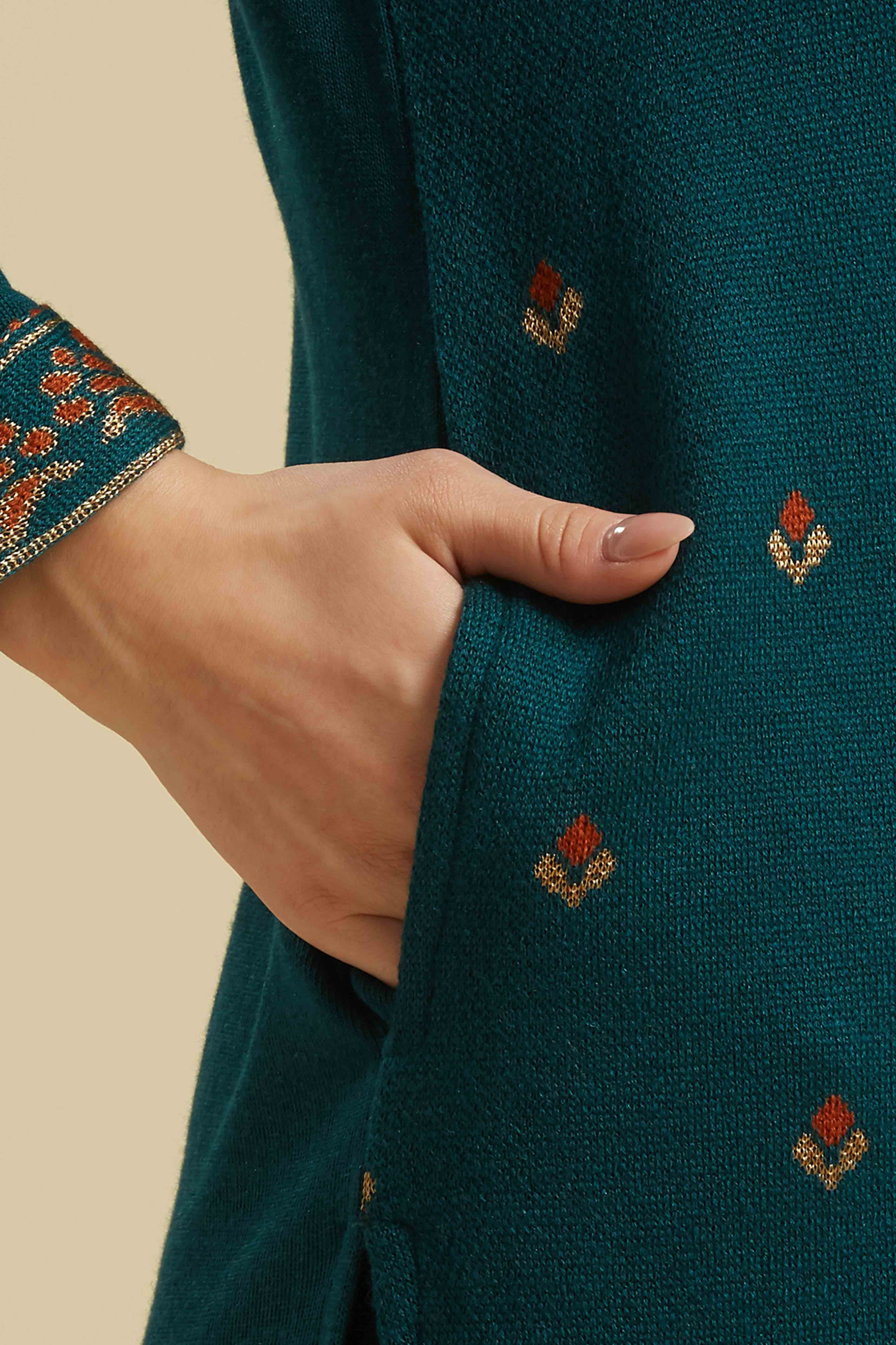 Dark Teal Woolen Straight Kurti