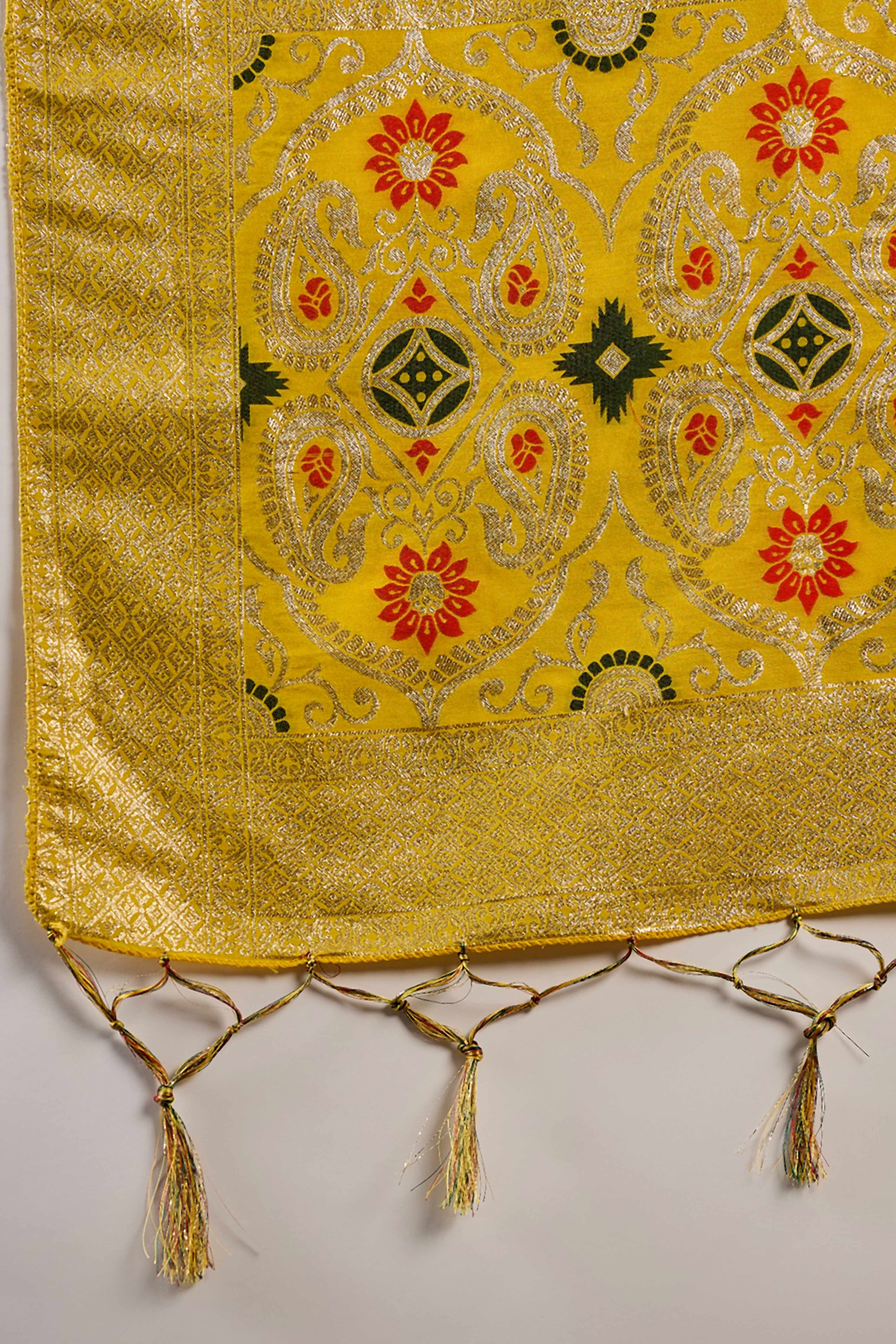 Yellow Zari Woven Staple Cotton Blend Saree With Floral Motifs & Tassel Detailed Pallu