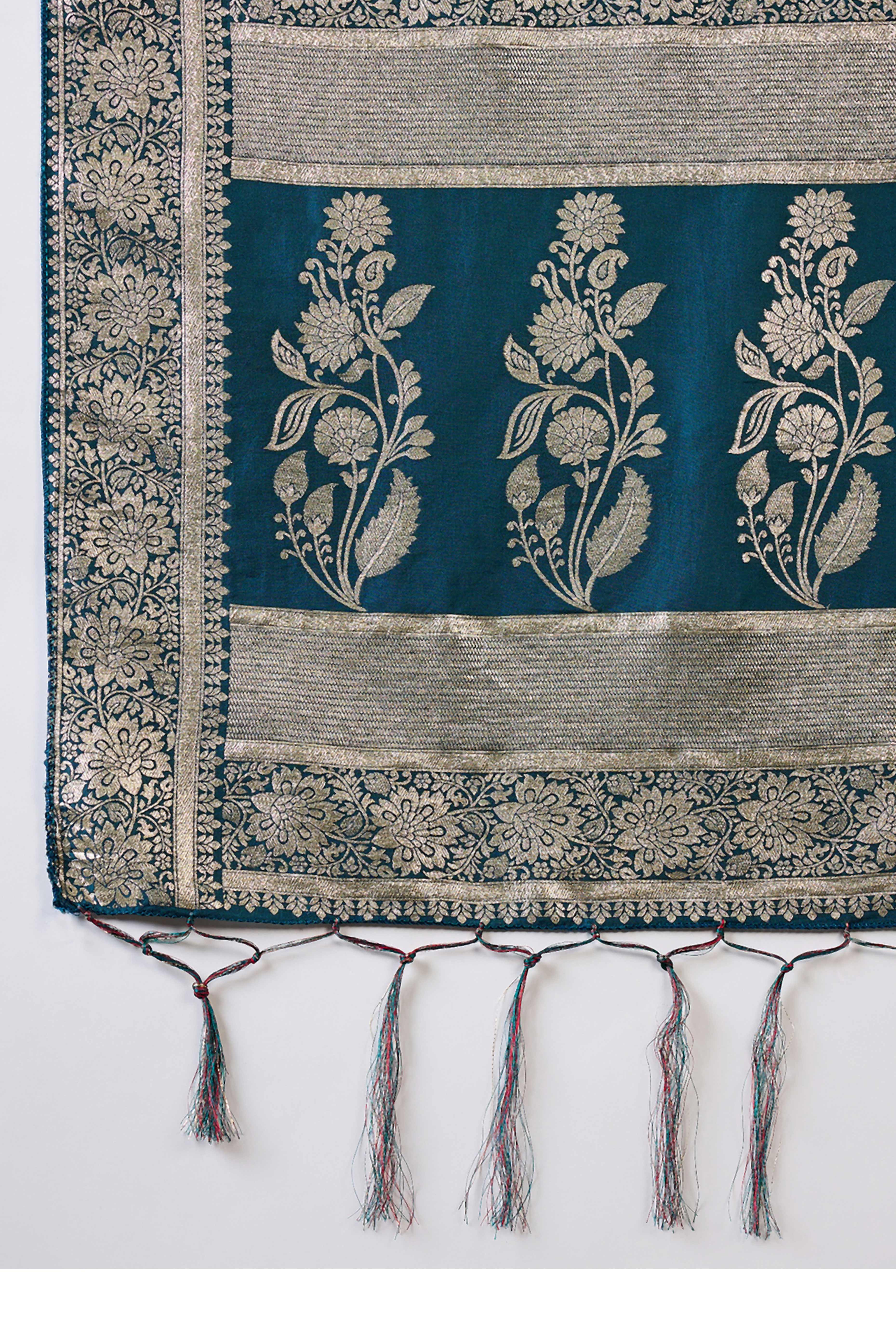 Rich Teal Blue Cotton Blend Jacquard Saree Adorned With Floral Weaving & Graceful Tassel Pallu