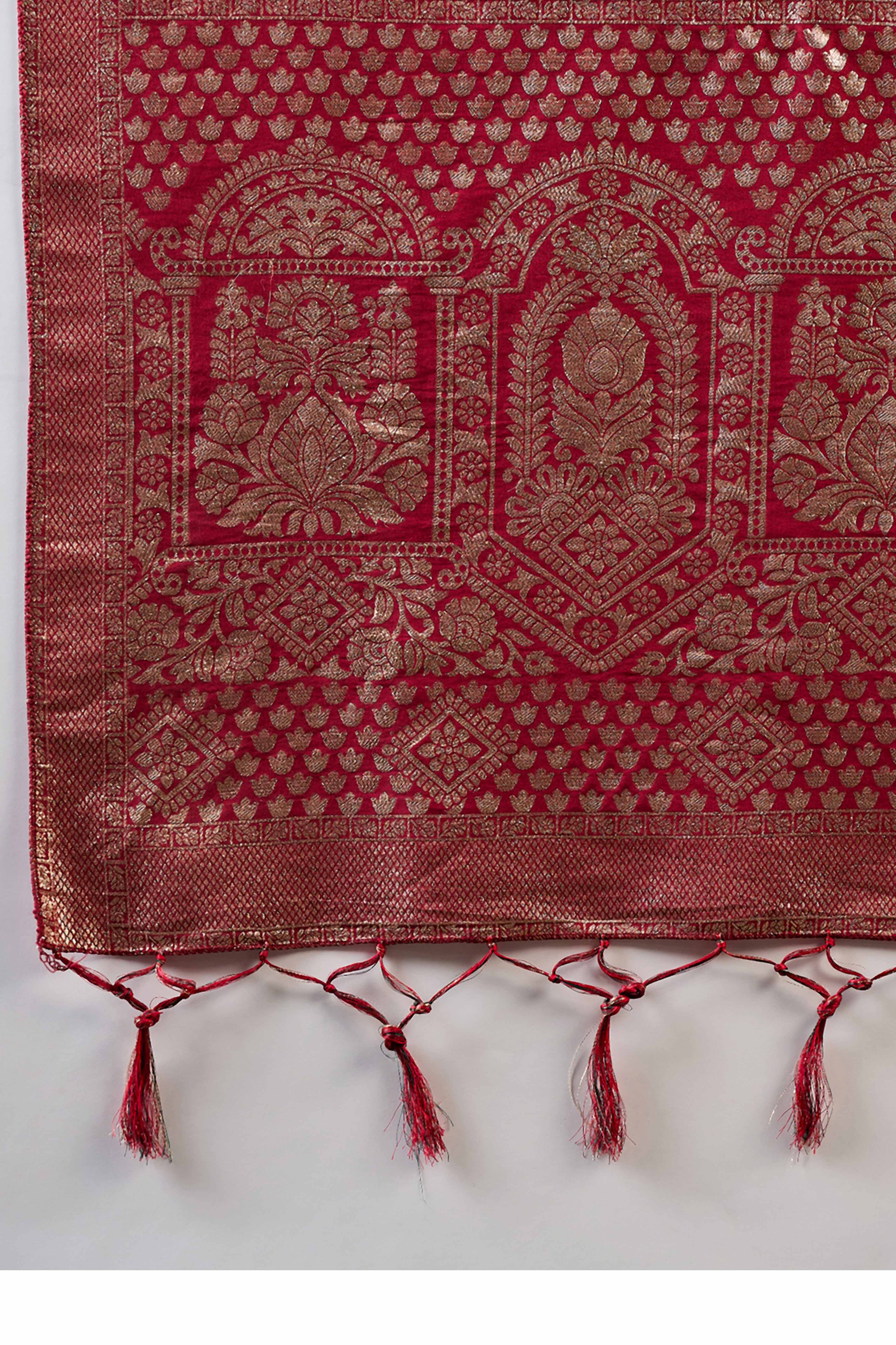 Maroon Cotton Blend Saree With Intricate Floral Zari Weaving & Soft Tassel