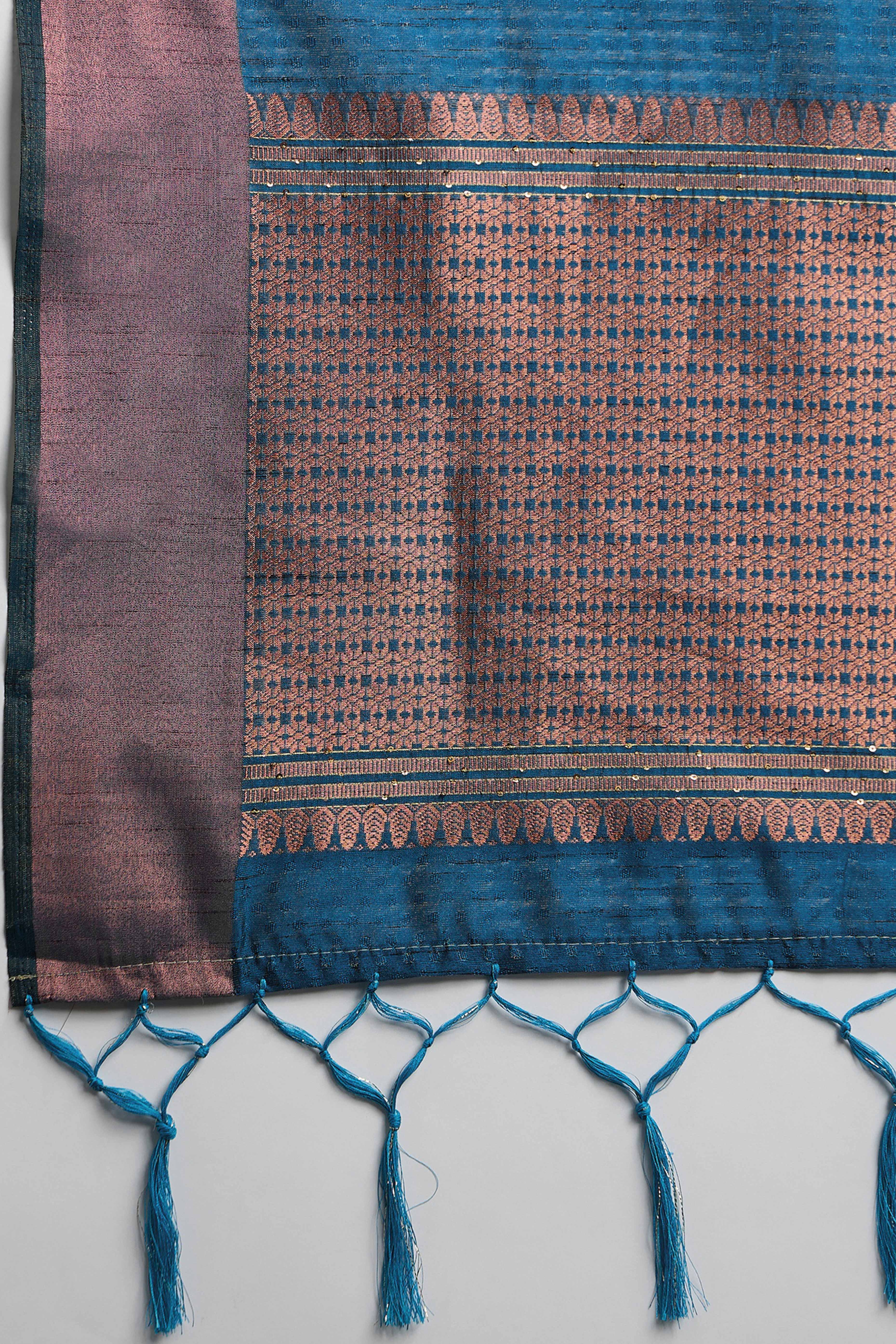 Blue Khadi Organza Saree Intricate Weaving & Sparkling Sequins with Tassel Pallu