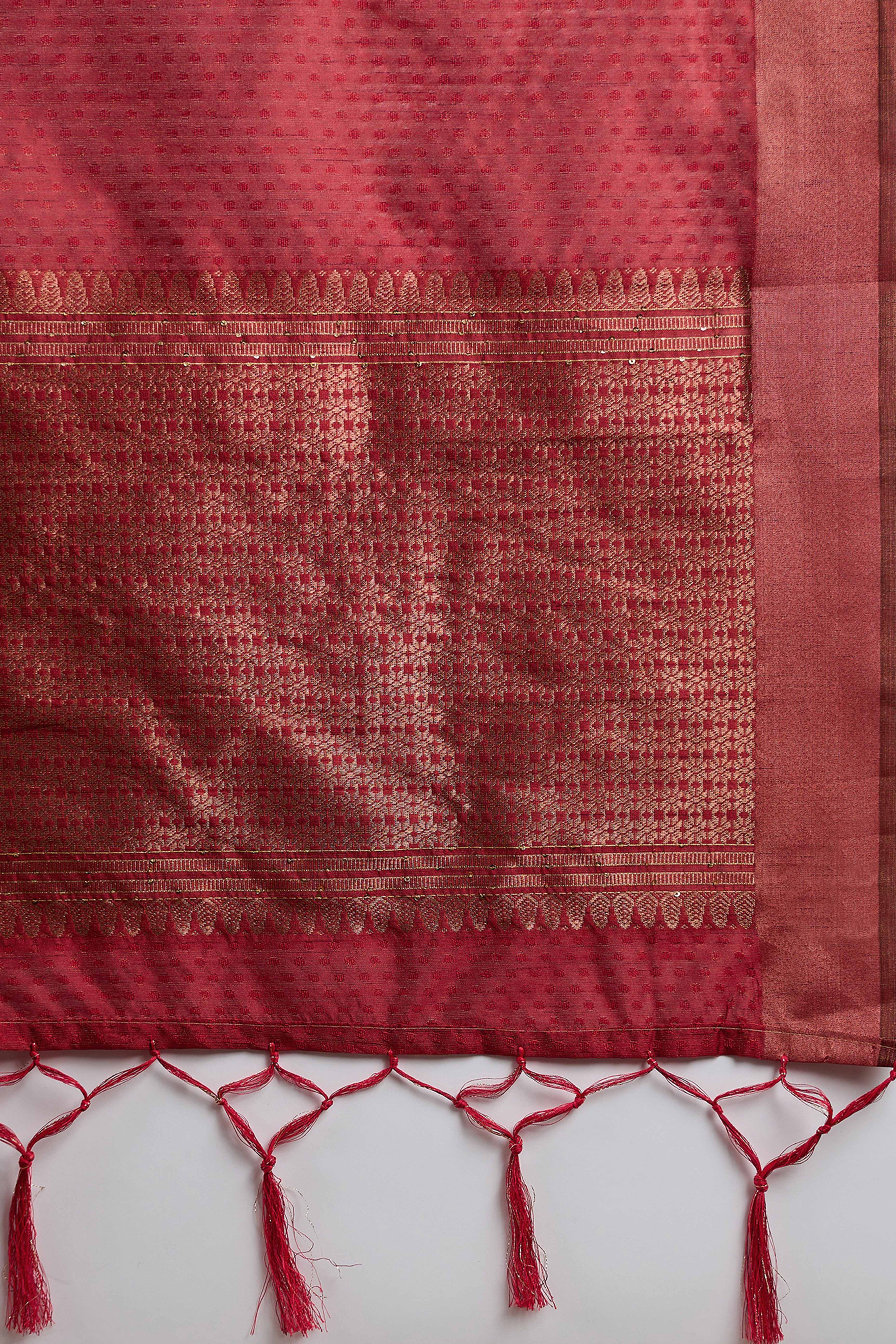 Dark Red Khadi Organza Saree Intricate Weaving & Sparkling Sequins with Tassel Pallu