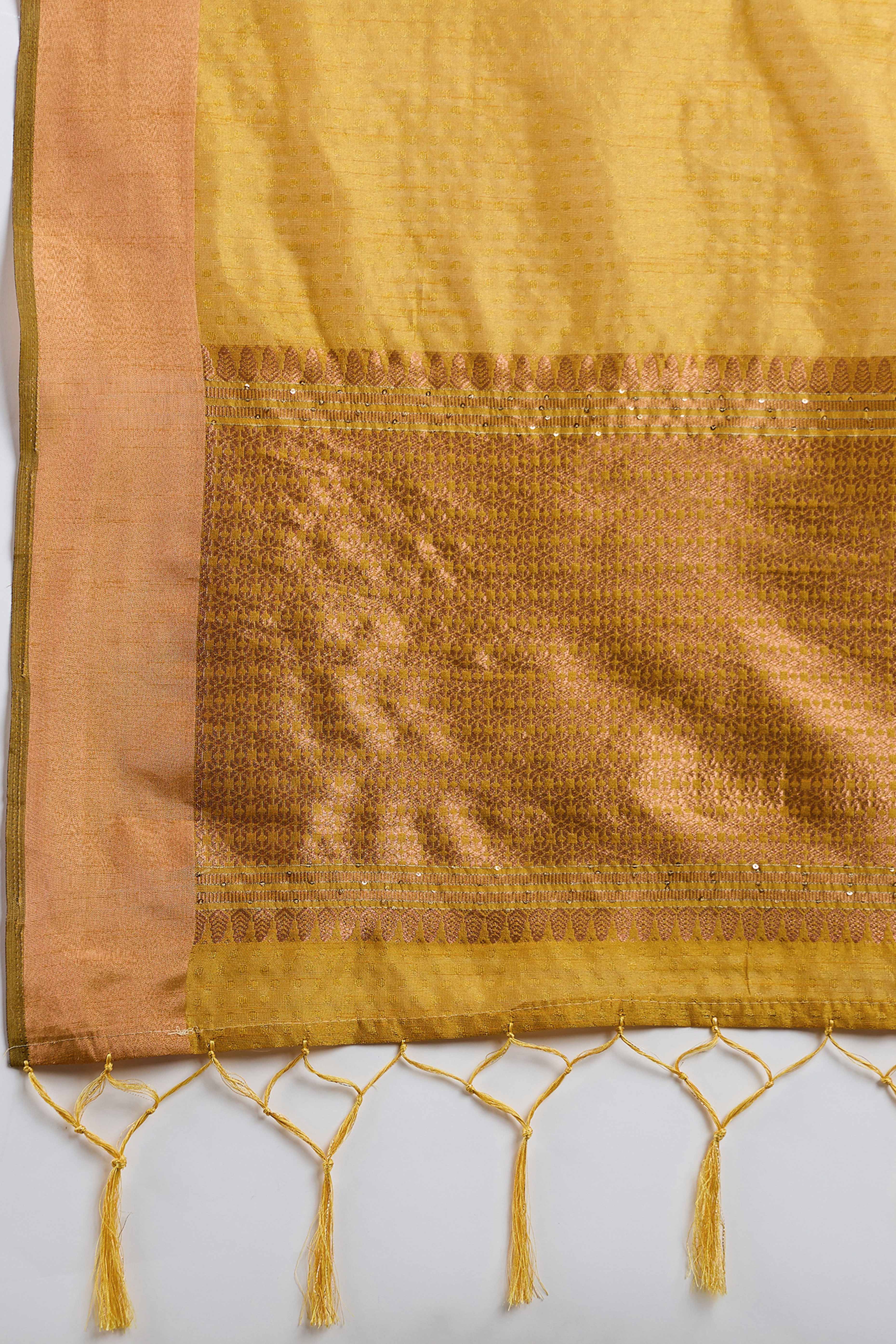 Mustard Khadi Organza Saree Intricate Weaving & Sparkling Sequins with Tassel Pallu