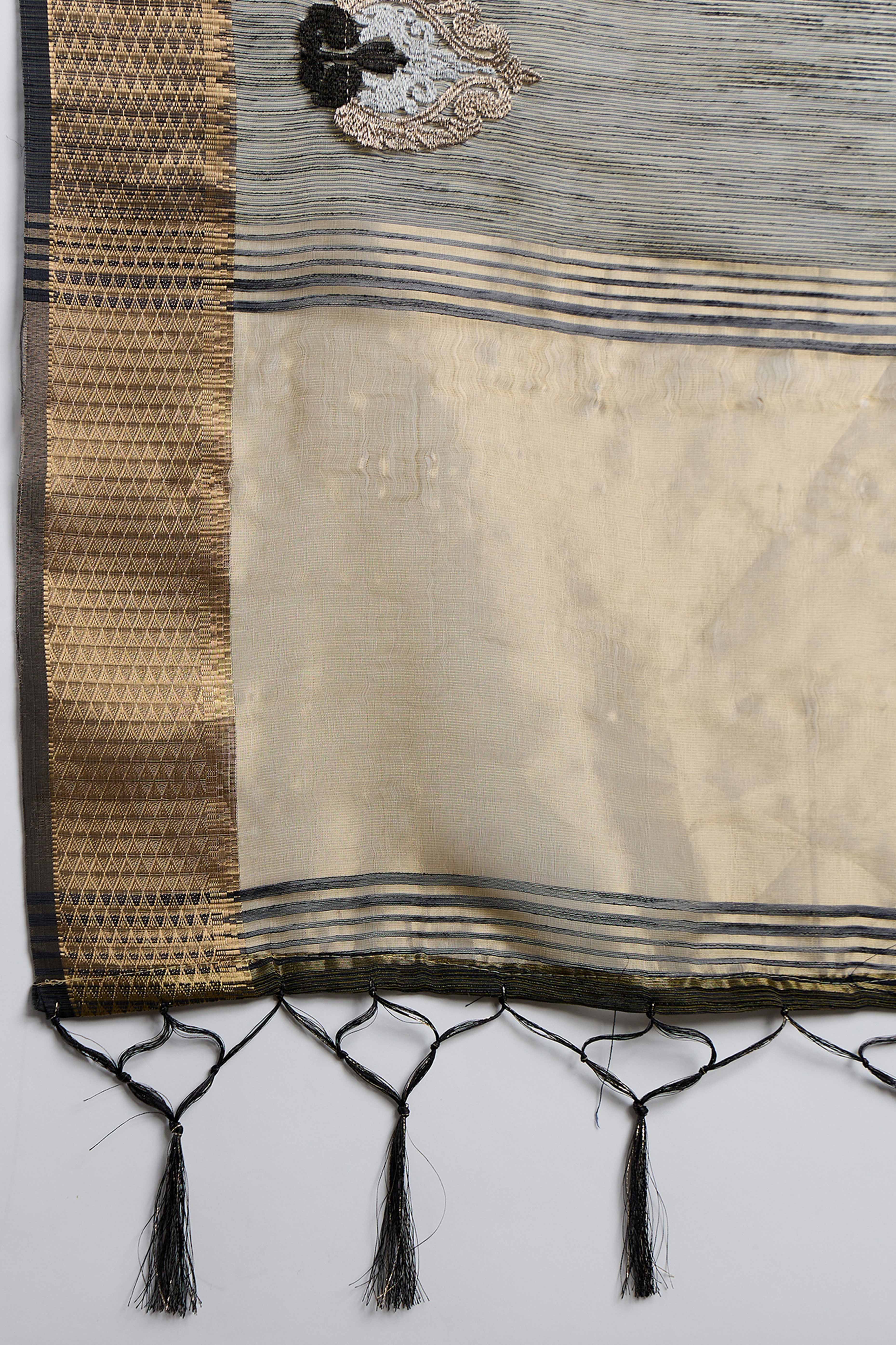 Black Khadi Organza Saree Adorned With Elegant Embroidery & Tassel Pallu