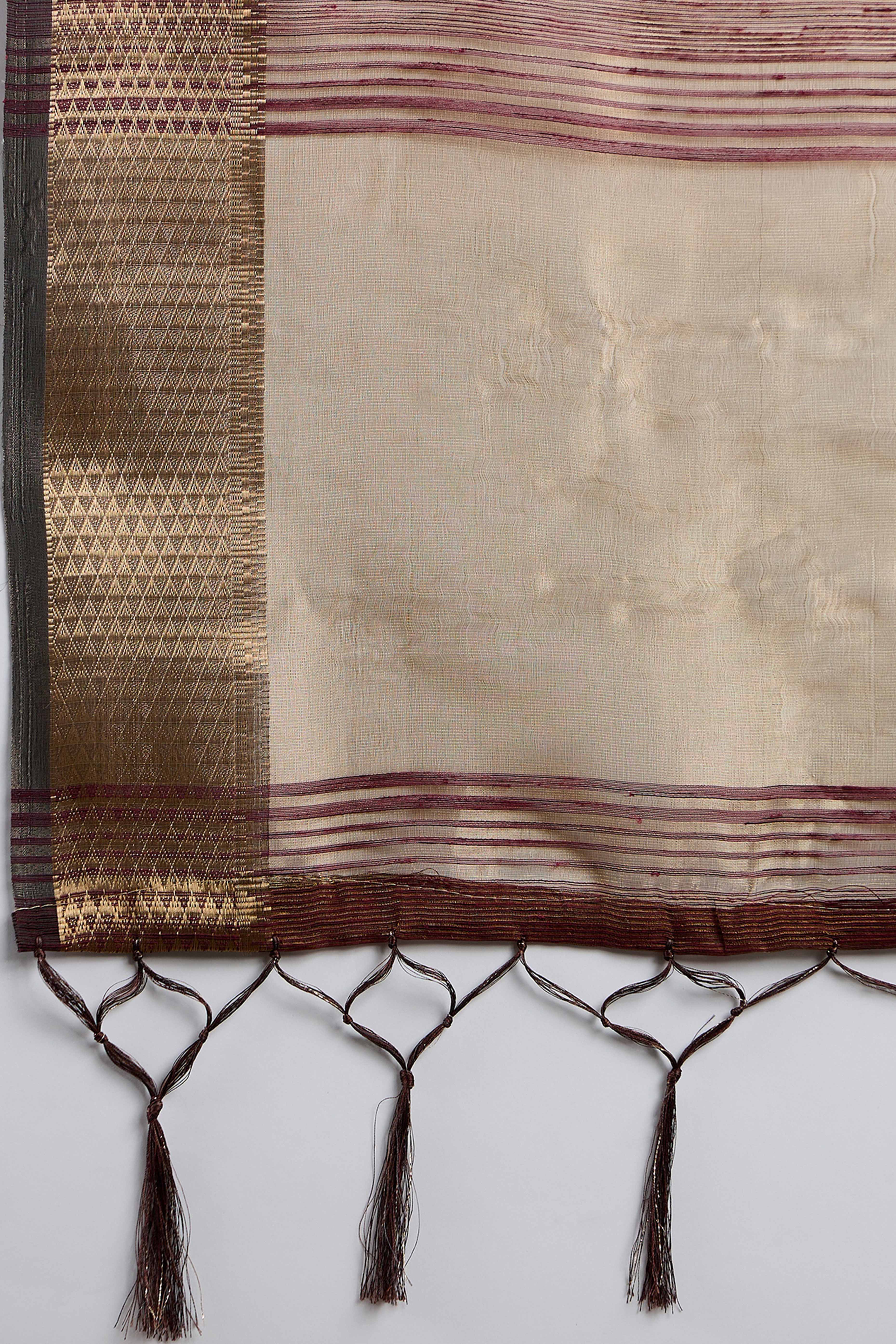 Brown Khadi Organza Saree Adorned With Elegant Embroidery & Tassel Pallu