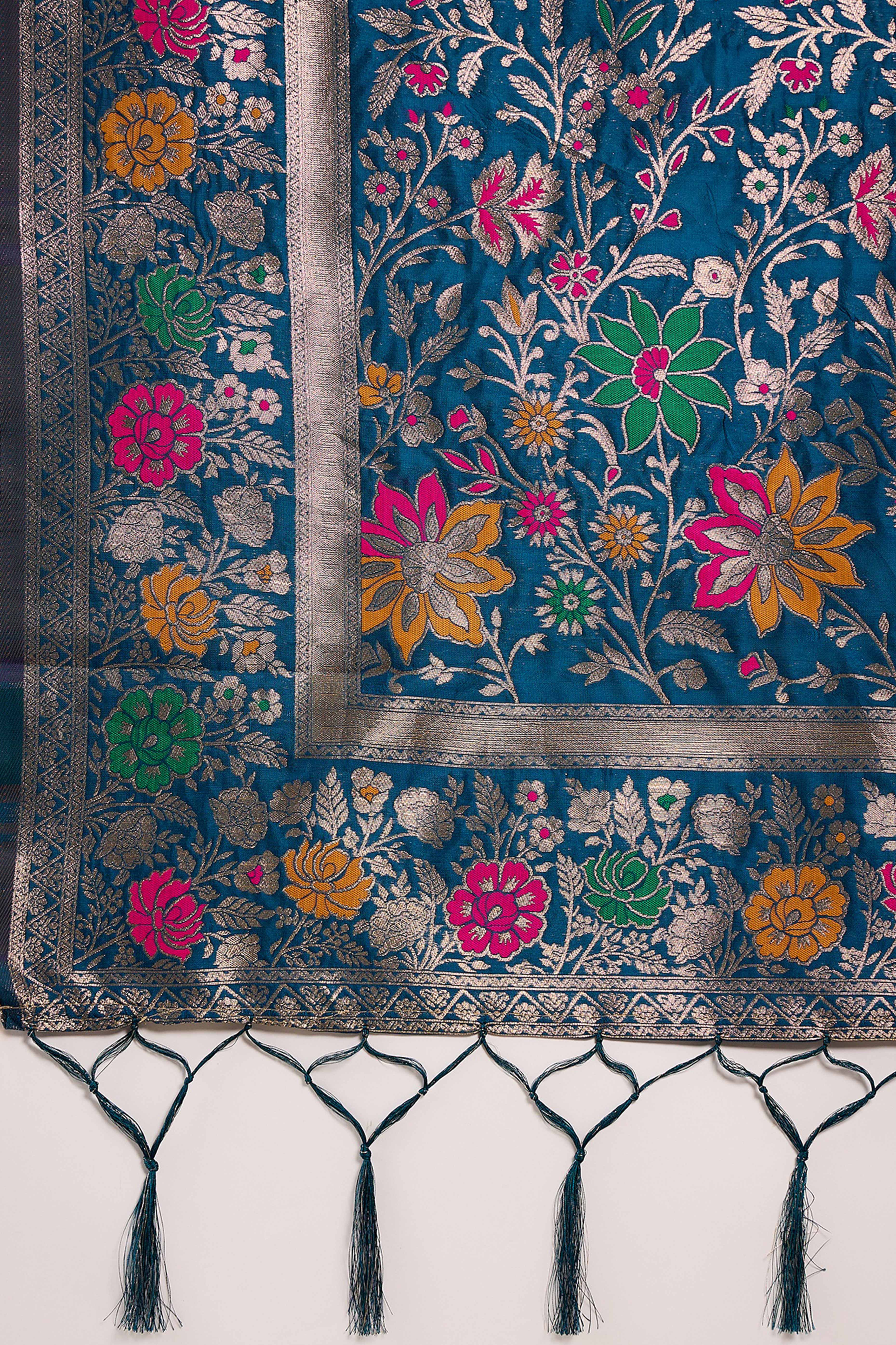 Blue Saree In Poly Silk Blend Featuring Floral Zari Weaving & Tassel Accents