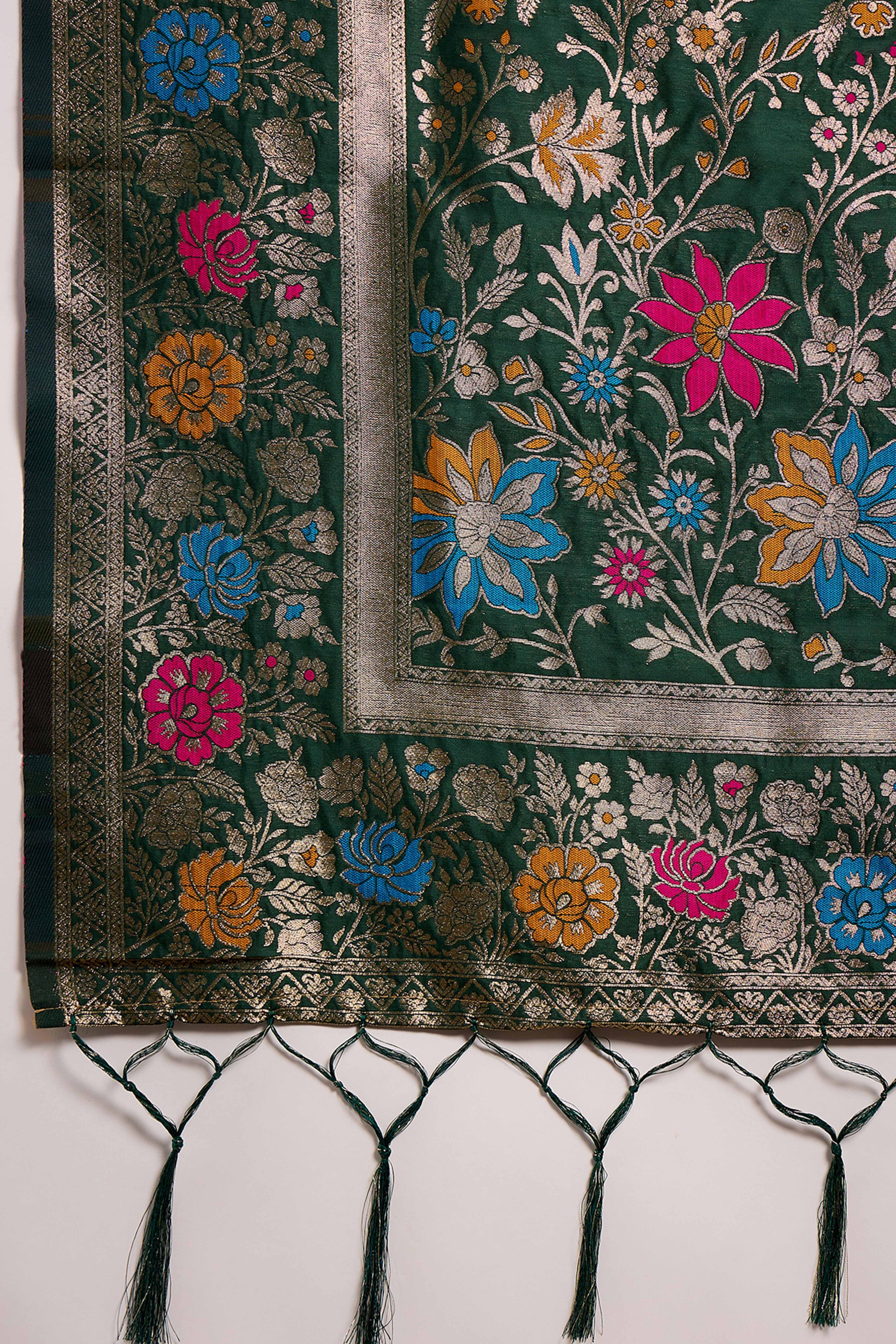 Green Saree In Poly Silk Blend Featuring Floral Zari Weaving & Tassel Accents