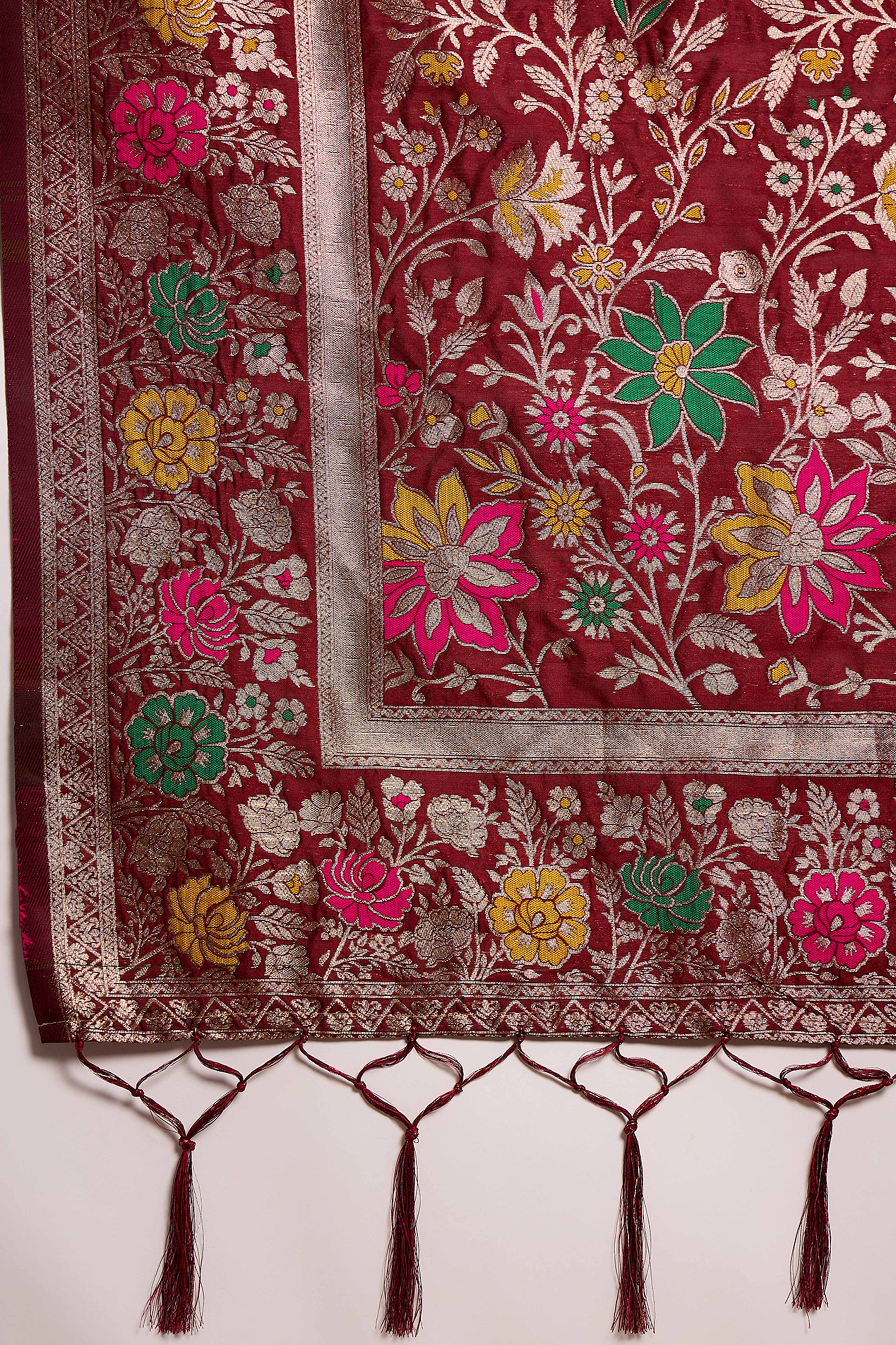 Maroon Saree In Poly Silk Blend Featuring Floral Zari Weaving & Tassel Accents