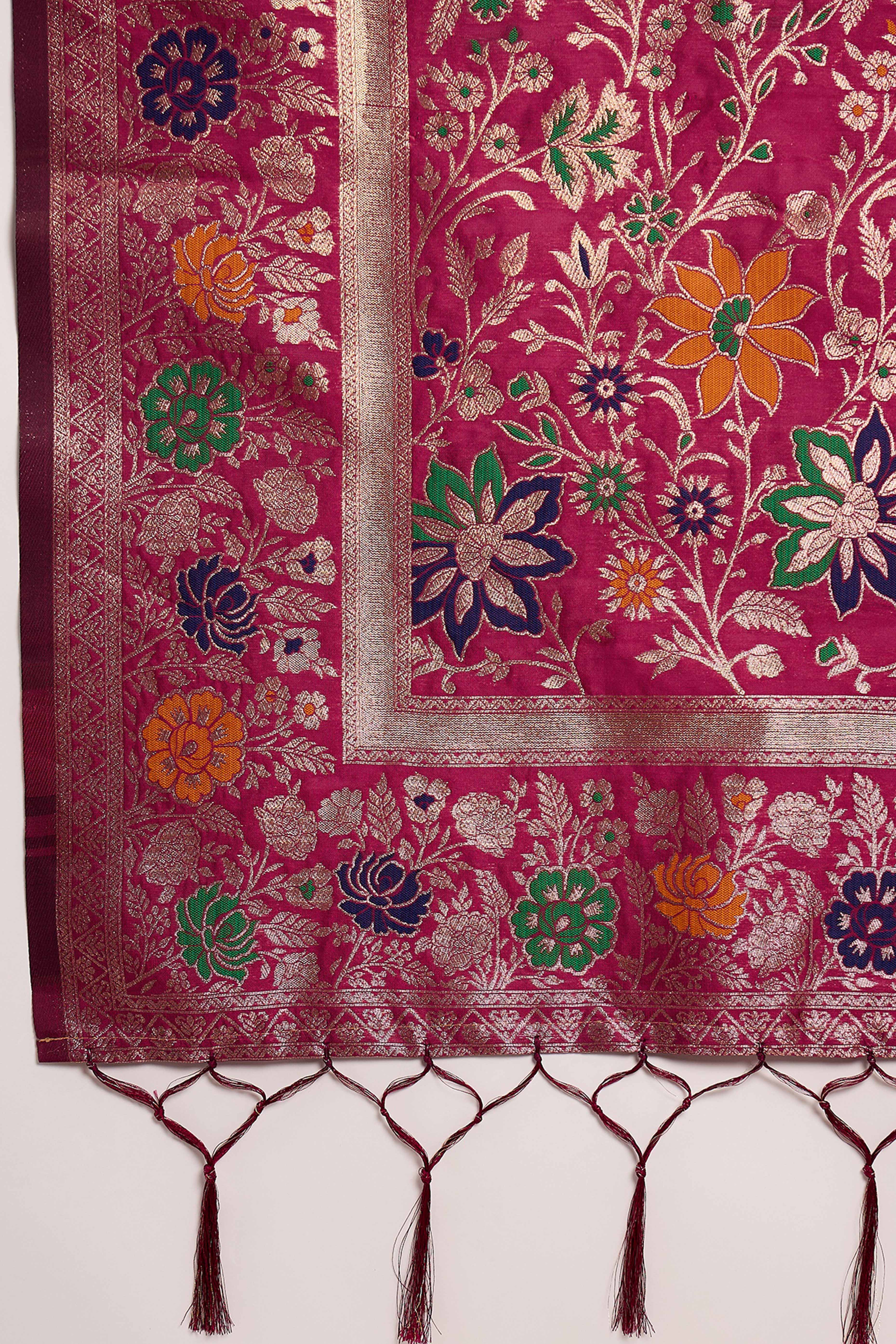 Pink Saree In Poly Silk Blend Featuring Floral Zari Weaving & Tassel Accents