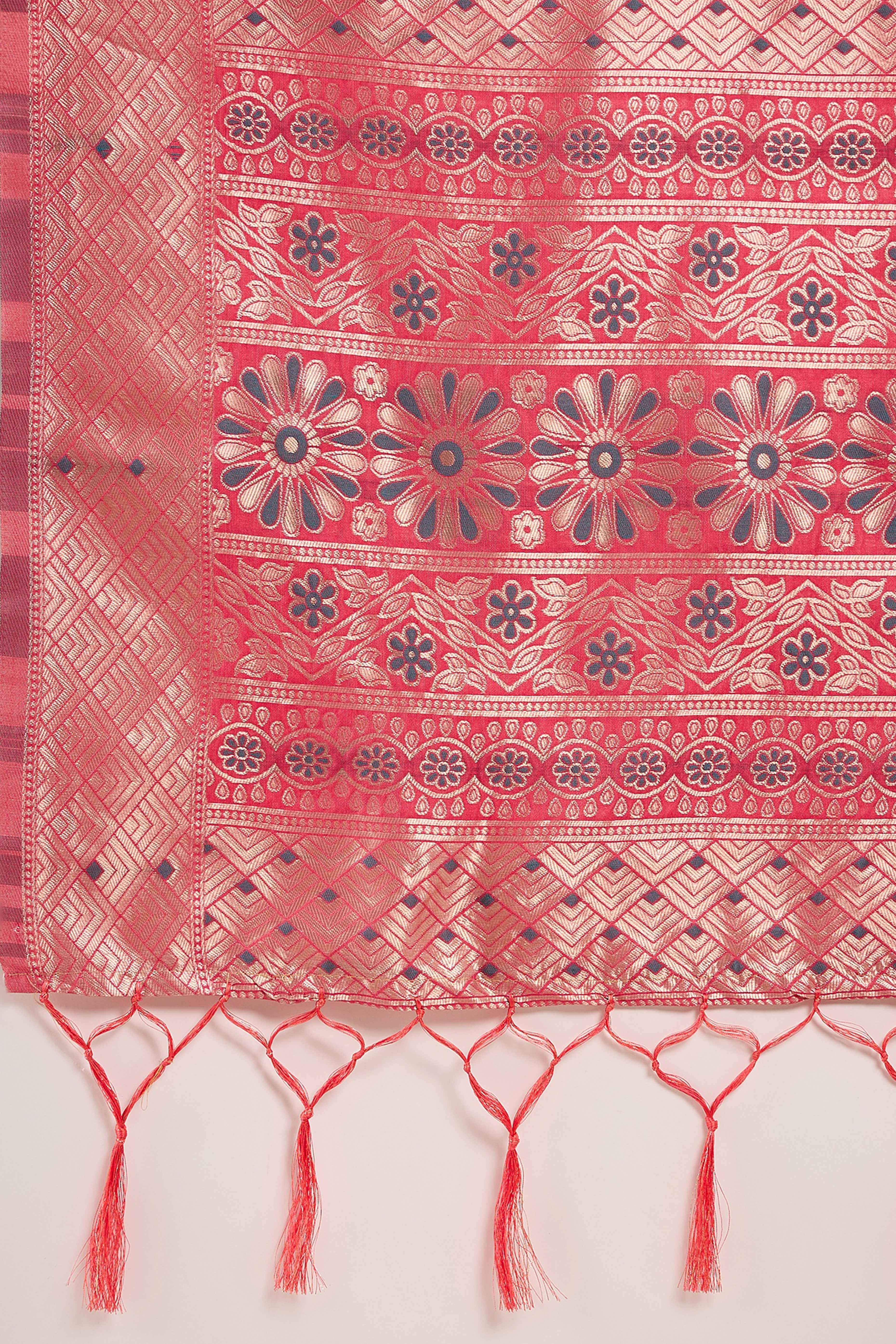 Peach Cotton Blend Saree Adorned With Intricate Floral Zari Weaving & A Stylish Tassel Pallu