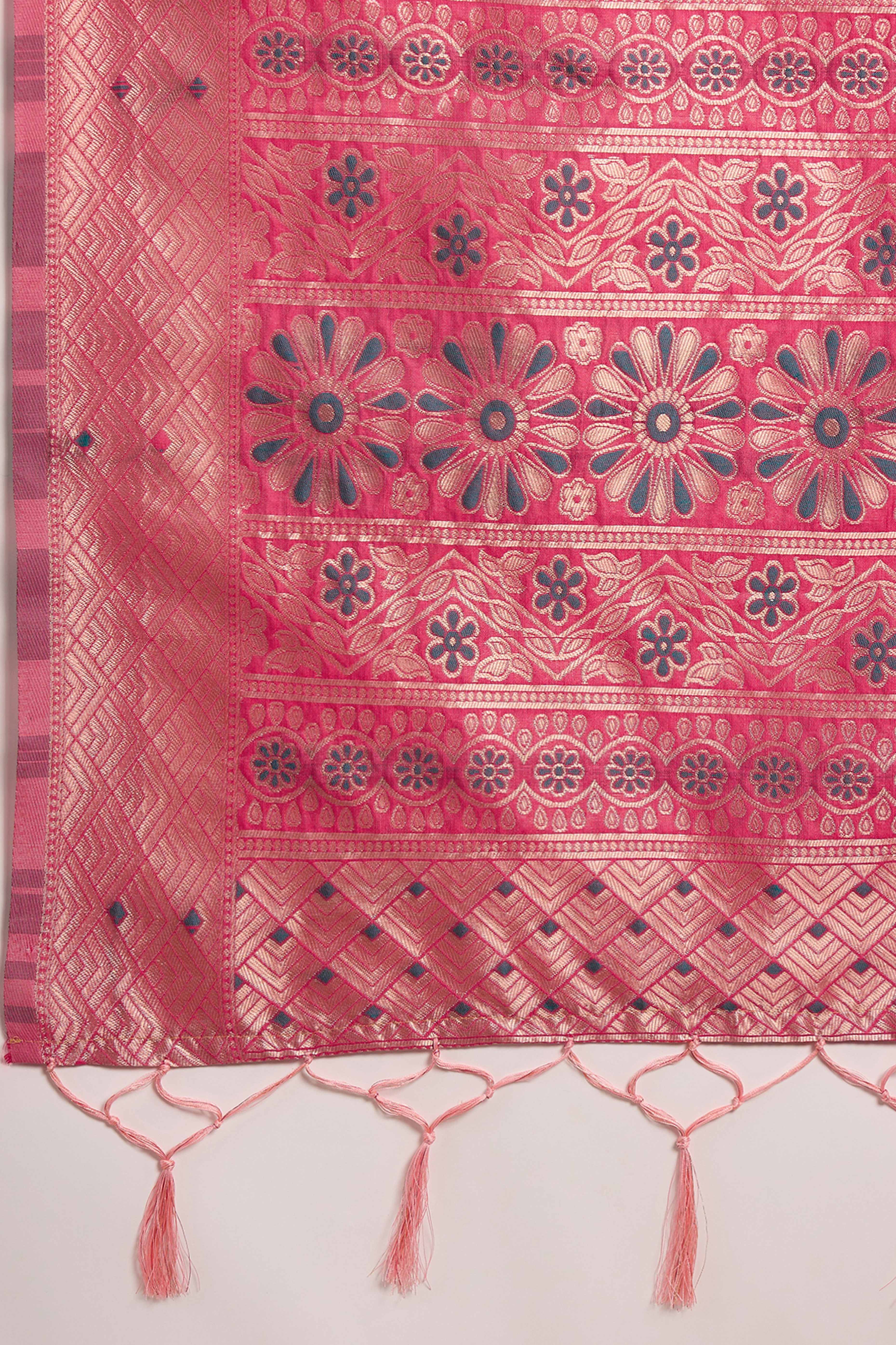 Pink Cotton Blend Saree Adorned With Intricate Floral Zari Weaving & A Stylish Tassel Pallu