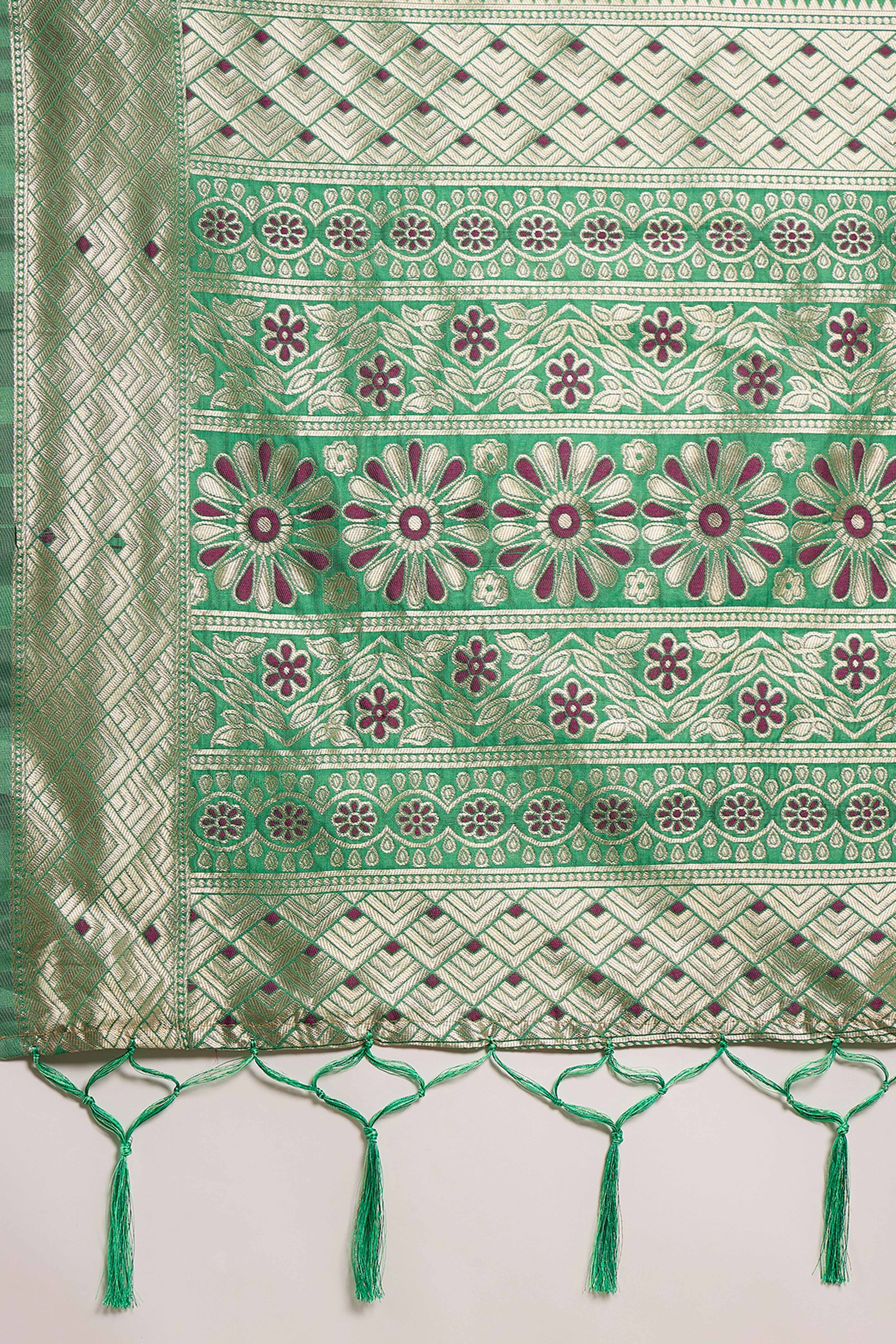 Sea Green Cotton Blend Saree Adorned With Intricate Floral Zari Weaving & A Stylish Tassel Pallu