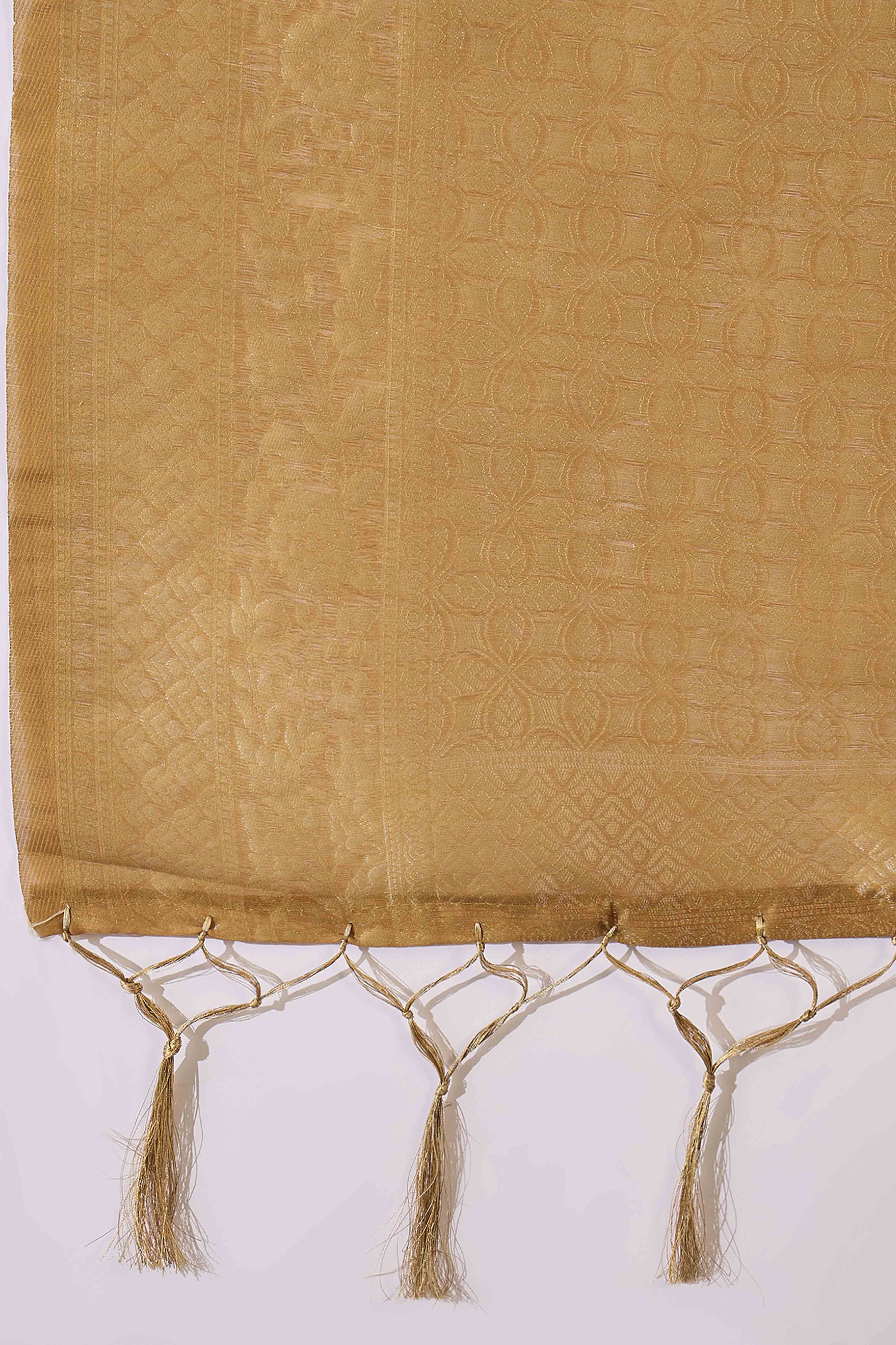 Cream Saree In Poly Cotton Featuring Intricate Floral Zari Weaving & Tassel Accents