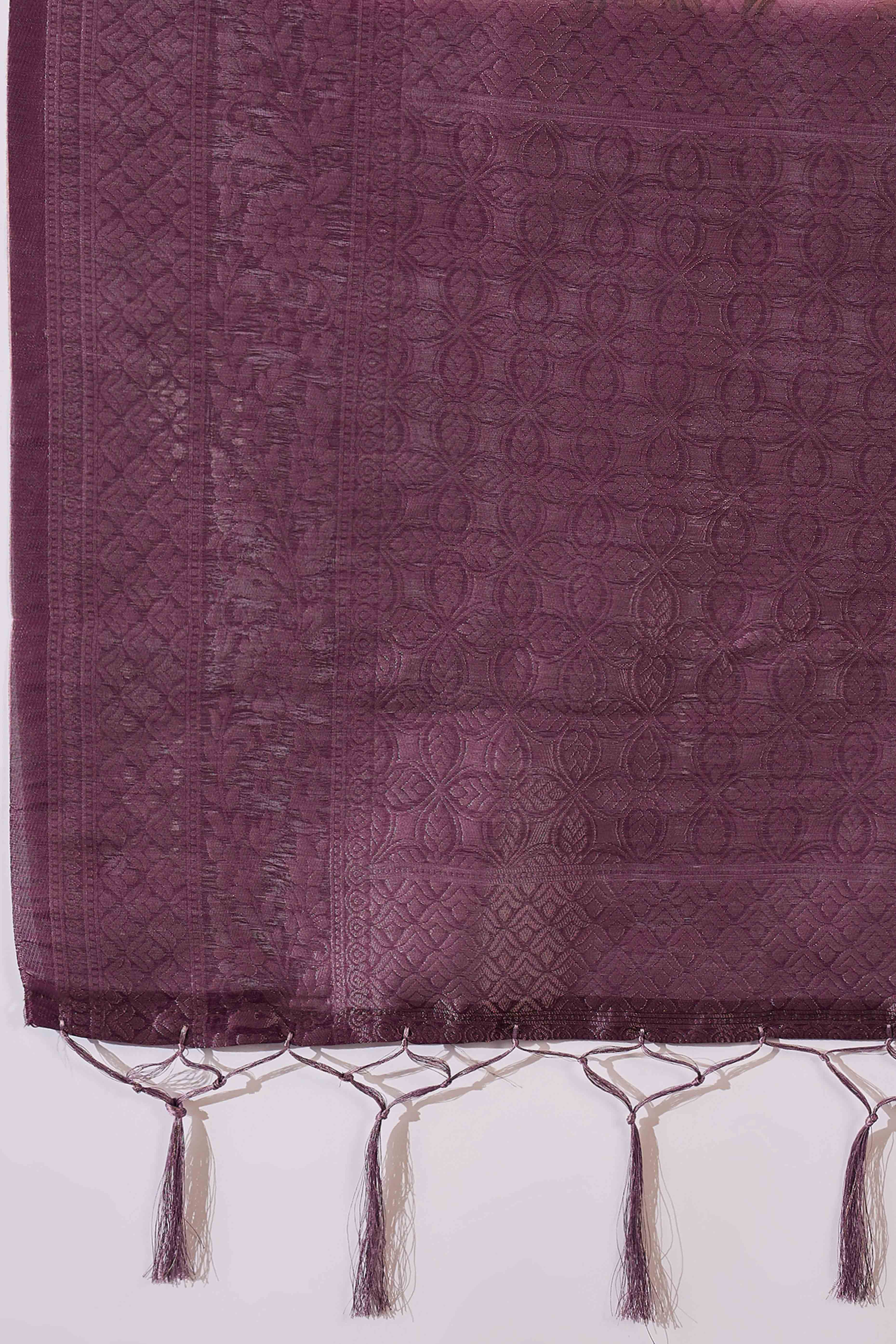 Pastel Pink Saree In Poly Cotton Featuring Intricate Floral Zari Weaving & Tassel Accents