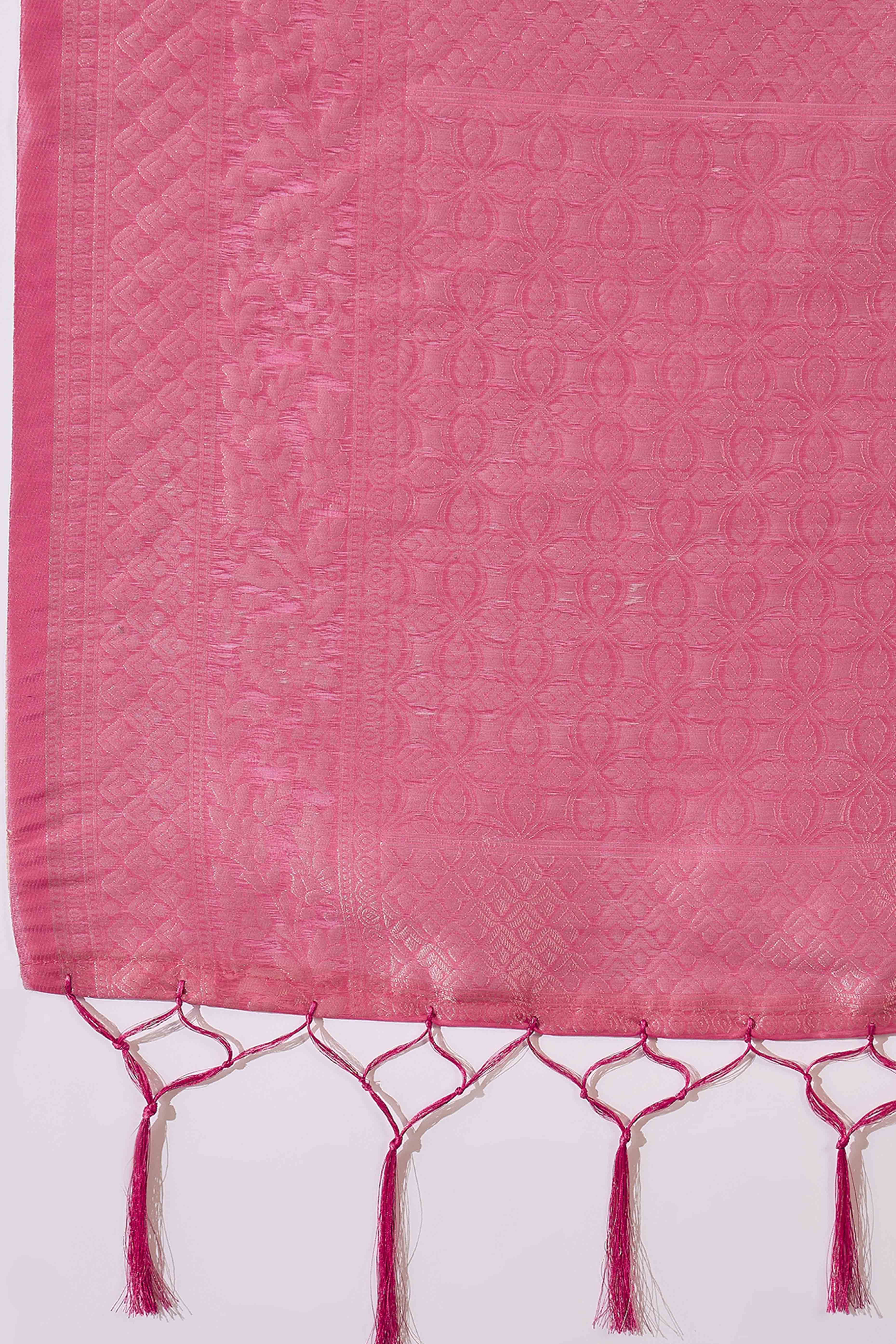 Pink Saree In Poly Cotton Featuring Intricate Floral Zari Weaving & Tassel Accents