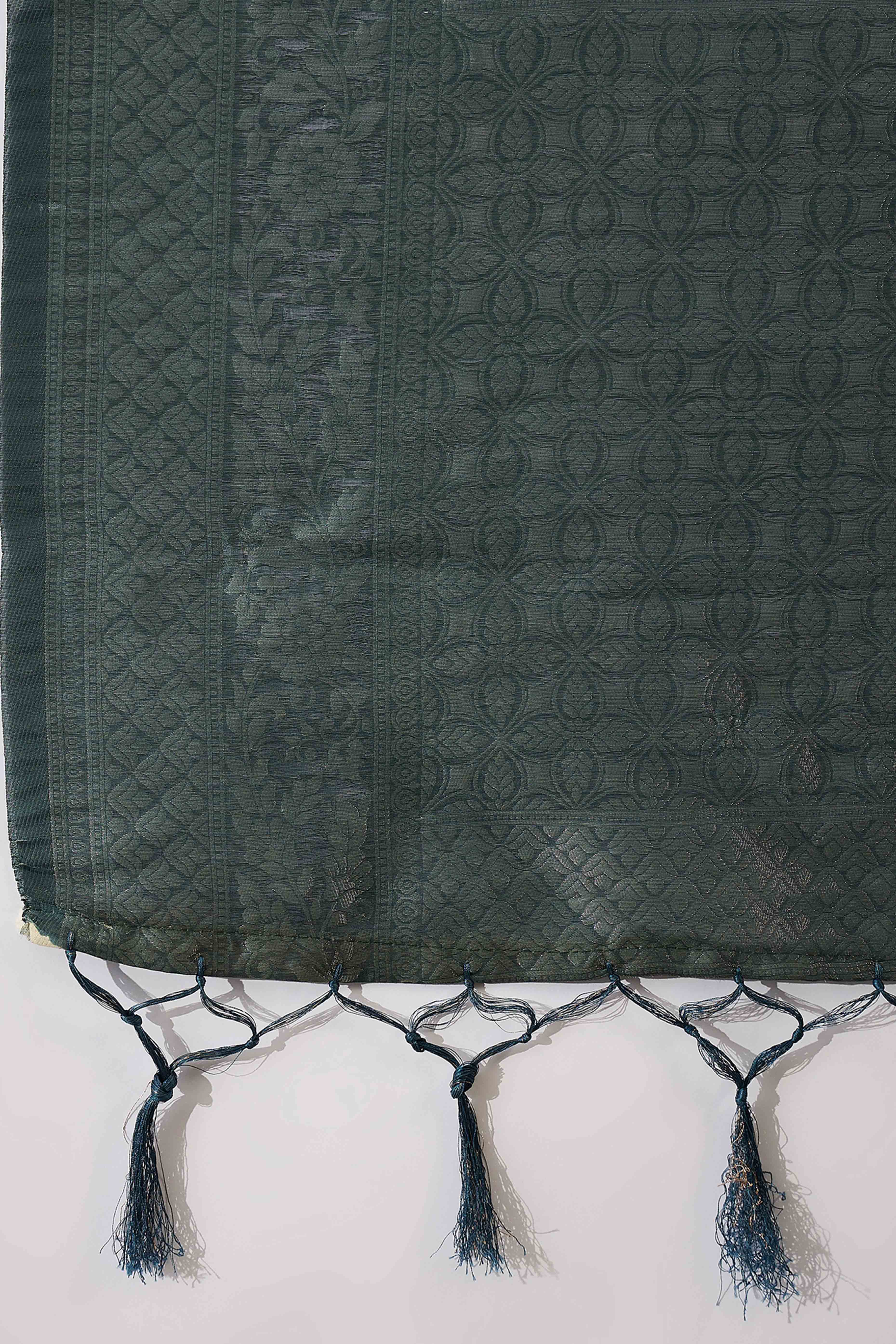 Turquoise Saree In Poly Cotton Featuring Intricate Floral Zari Weaving & Tassel Accents