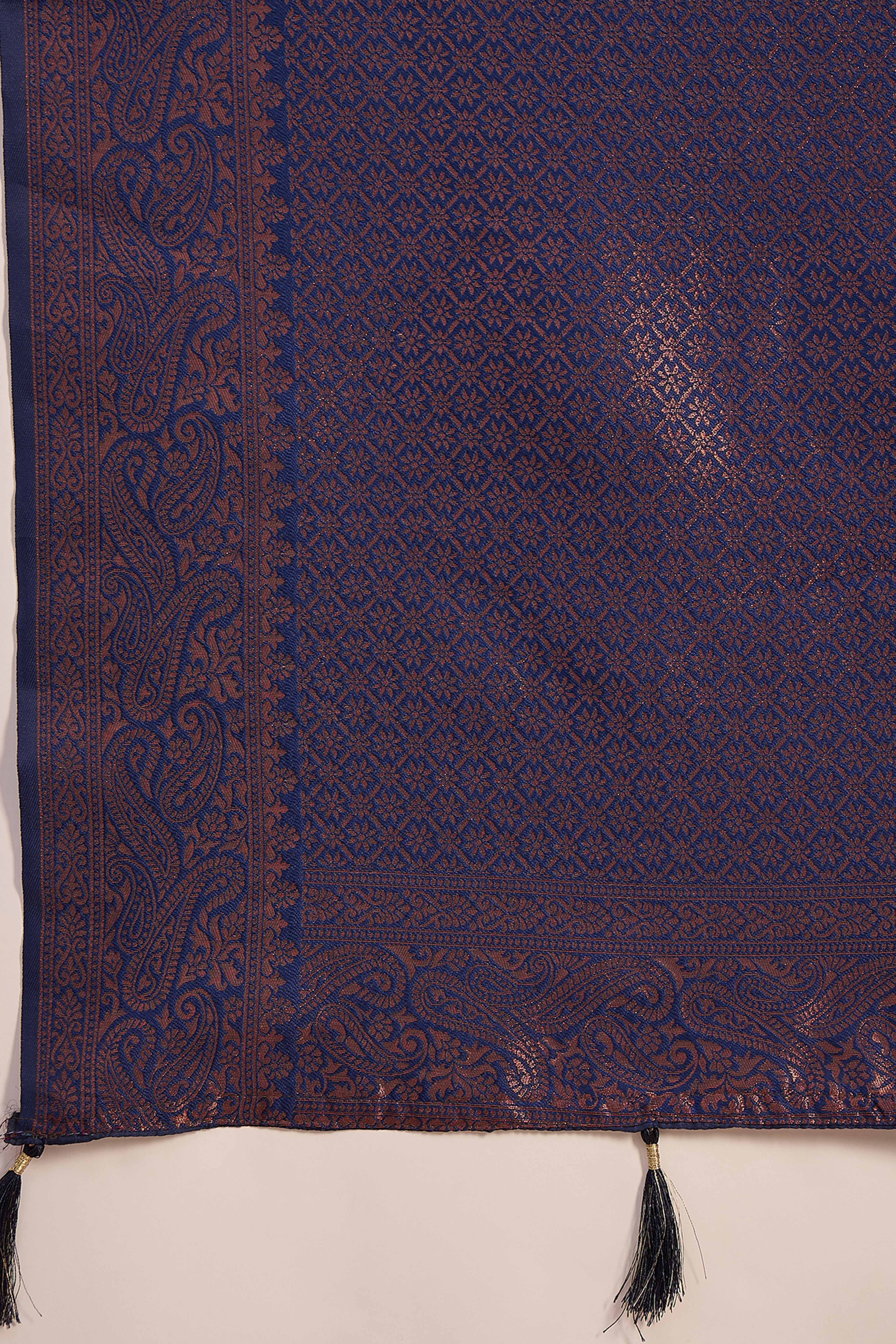 Navy Blue Woven Poly Silk Blend Saree Featuring Floral & Paisley Motifs With Tassel Accents