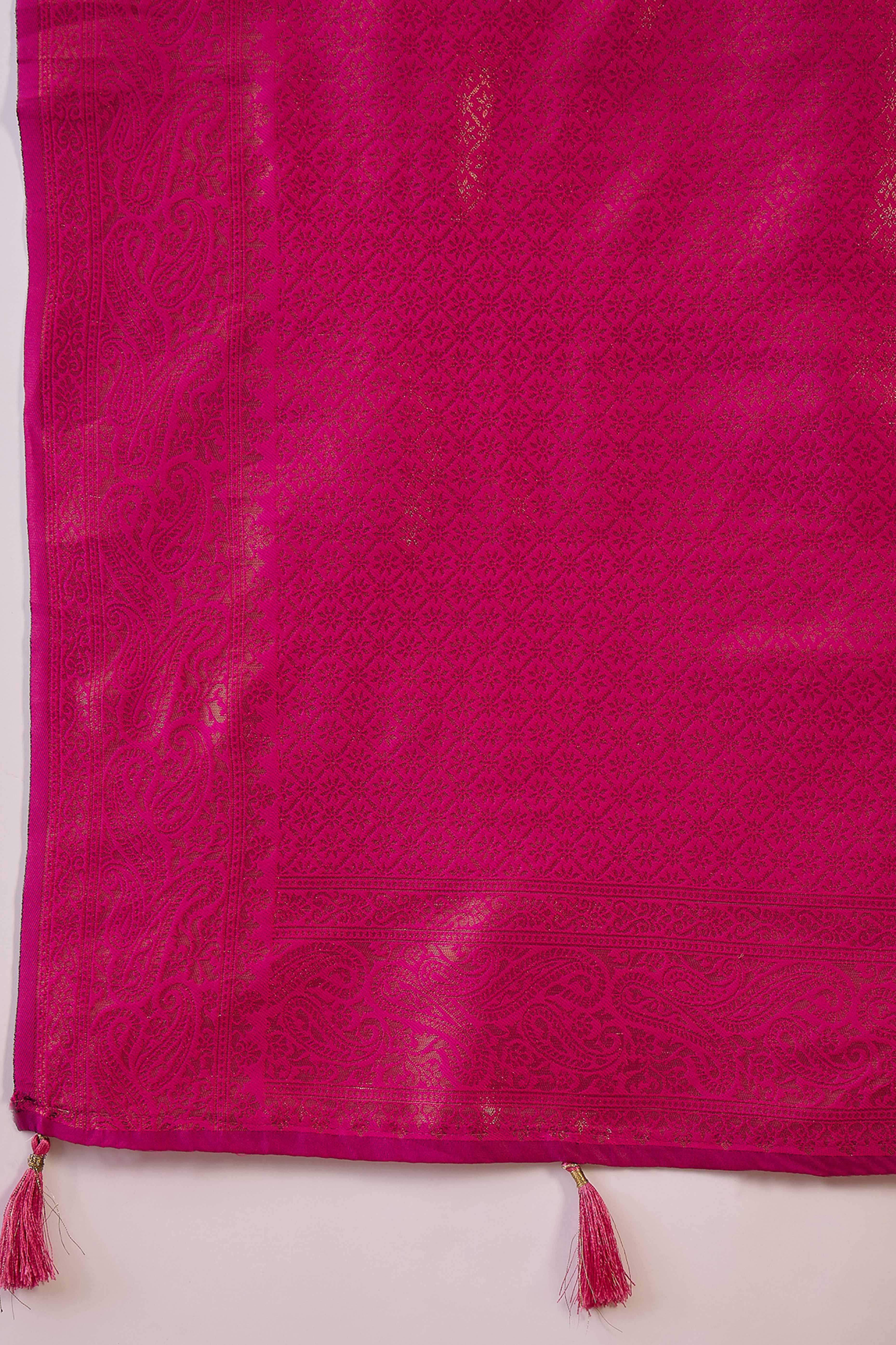 Rani Pink Woven Poly Silk Blend Saree Featuring Floral & Paisley Motifs With Tassel Accents