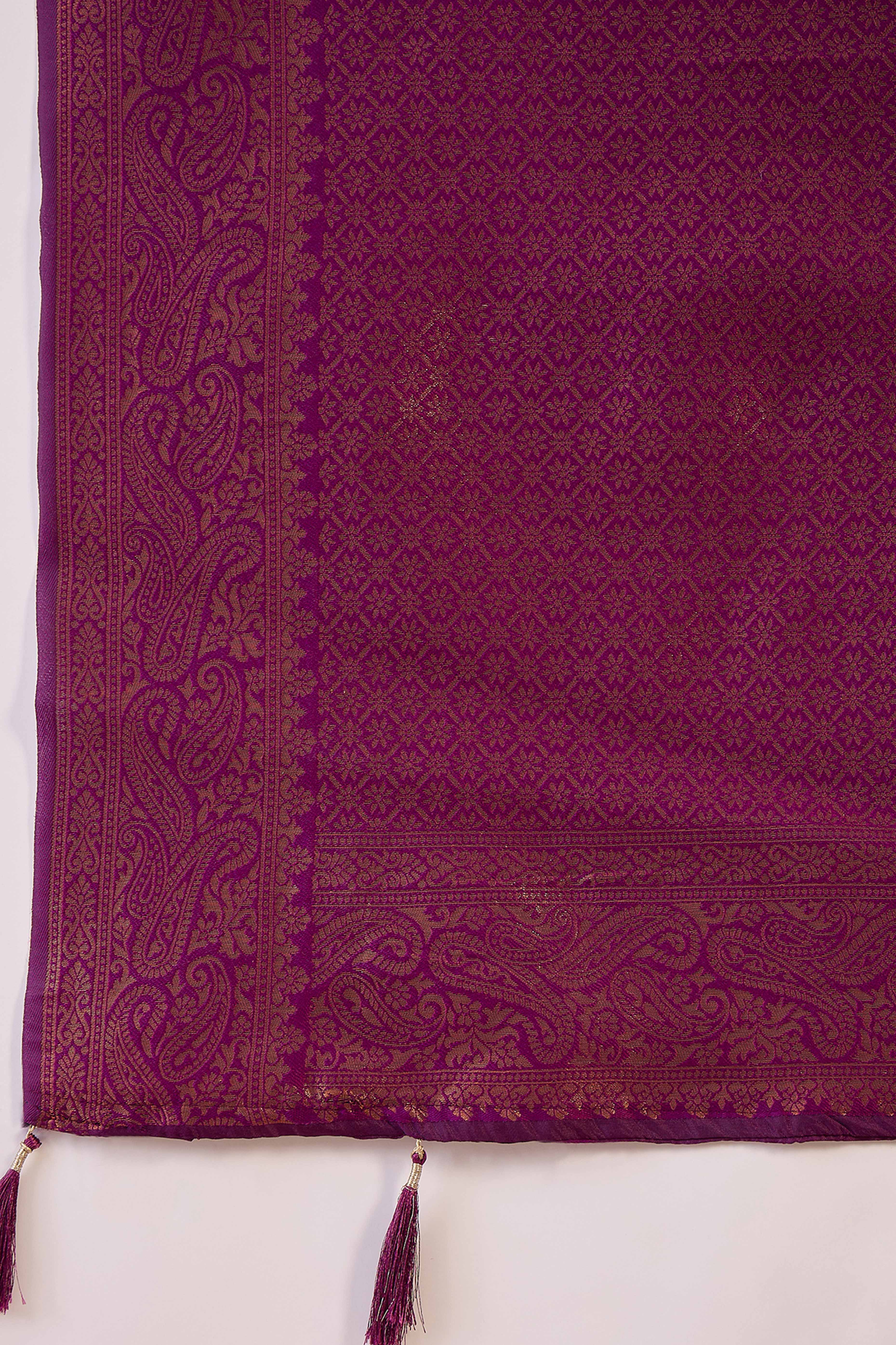 Wine Woven Poly Silk Blend Saree Featuring Floral & Paisley Motifs With Tassel Accents