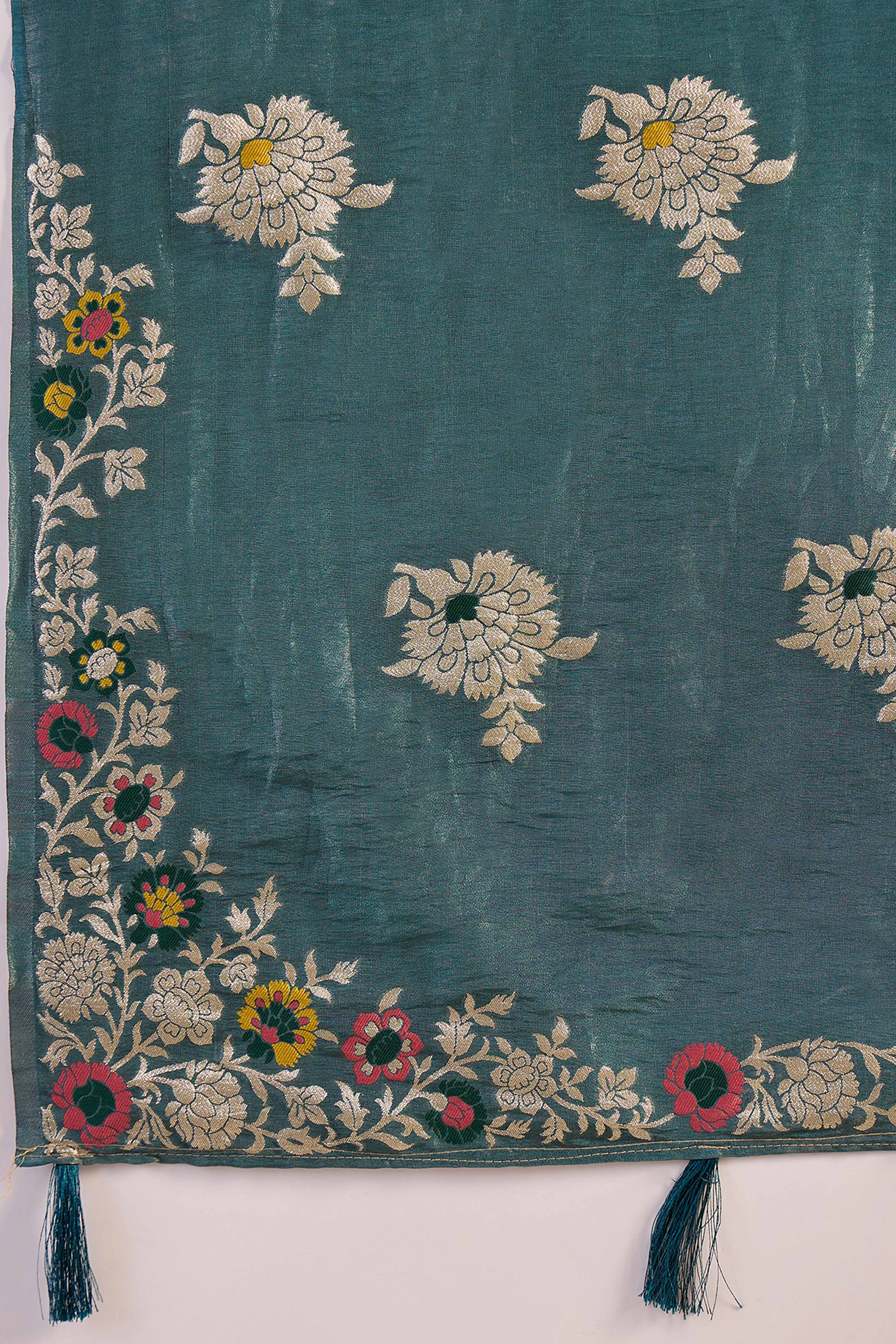Teal Shimmer Saree Featuring Intricate Floral Zari Weaving & Tassel Finish