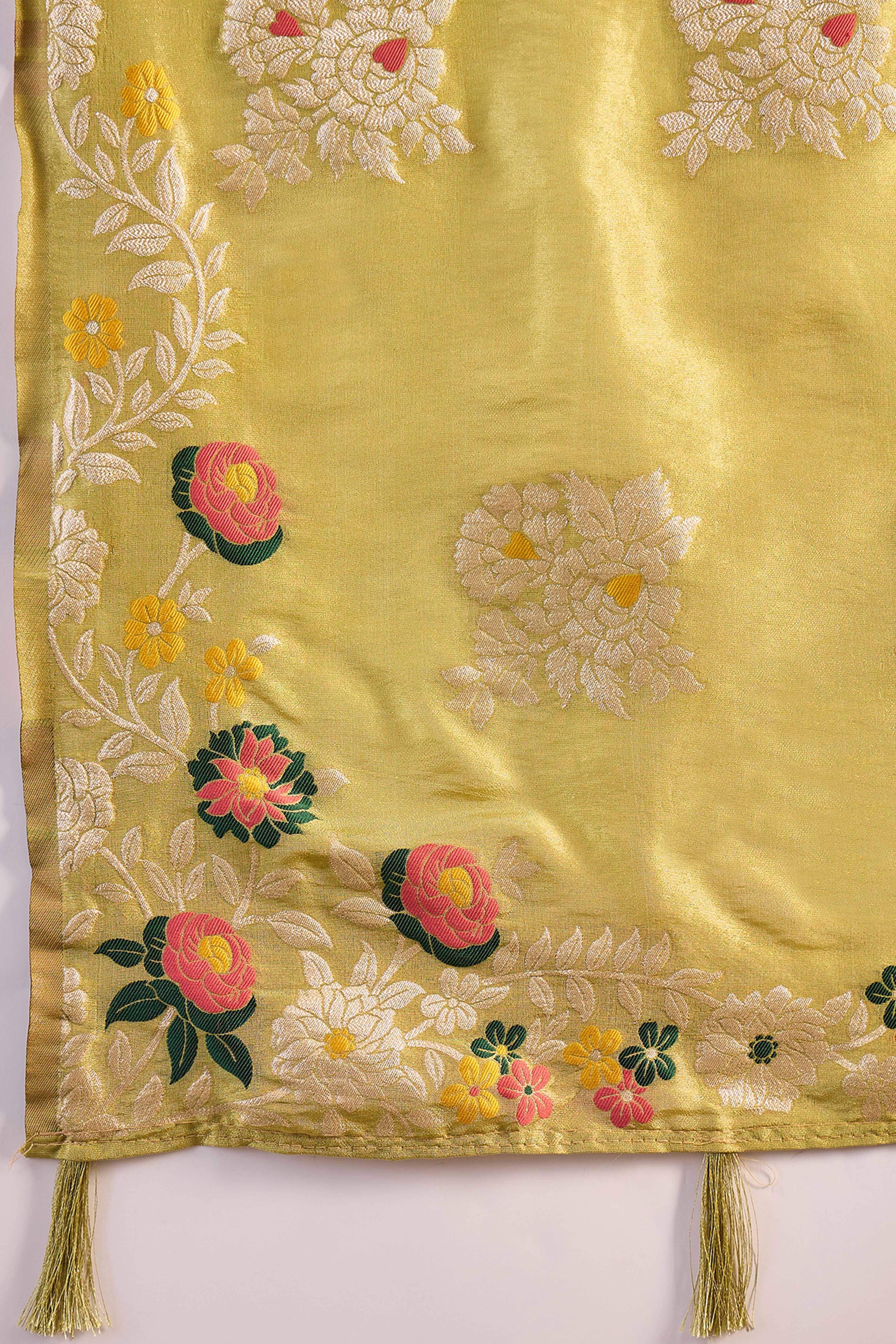 Lime Green Saree In Shimmer Fabric With Floral Zari Weaving & Decorative Tassel Pallu