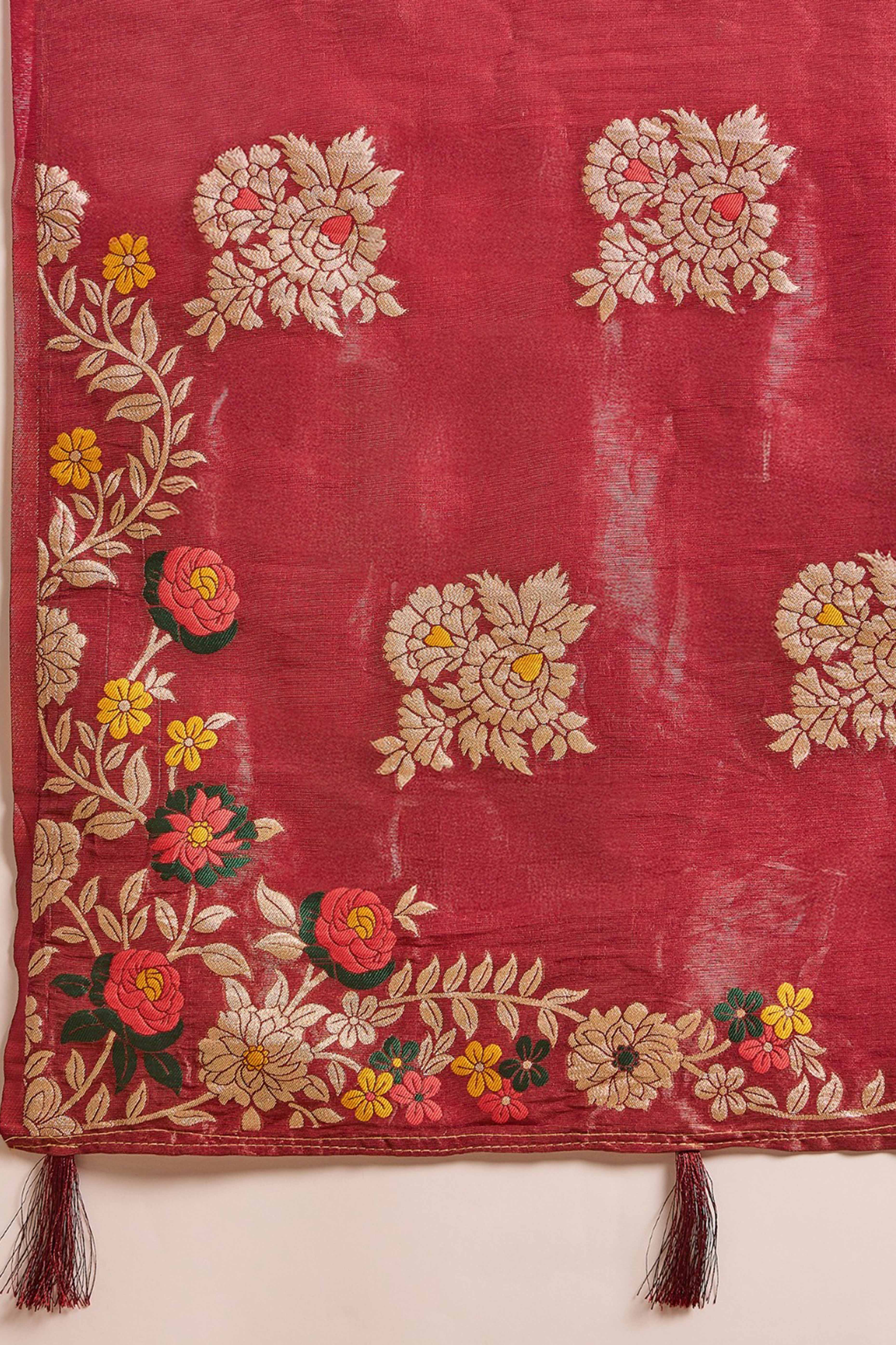 Maroon Saree In Shimmer Fabric With Floral Zari Weaving & Decorative Tassel Pallu