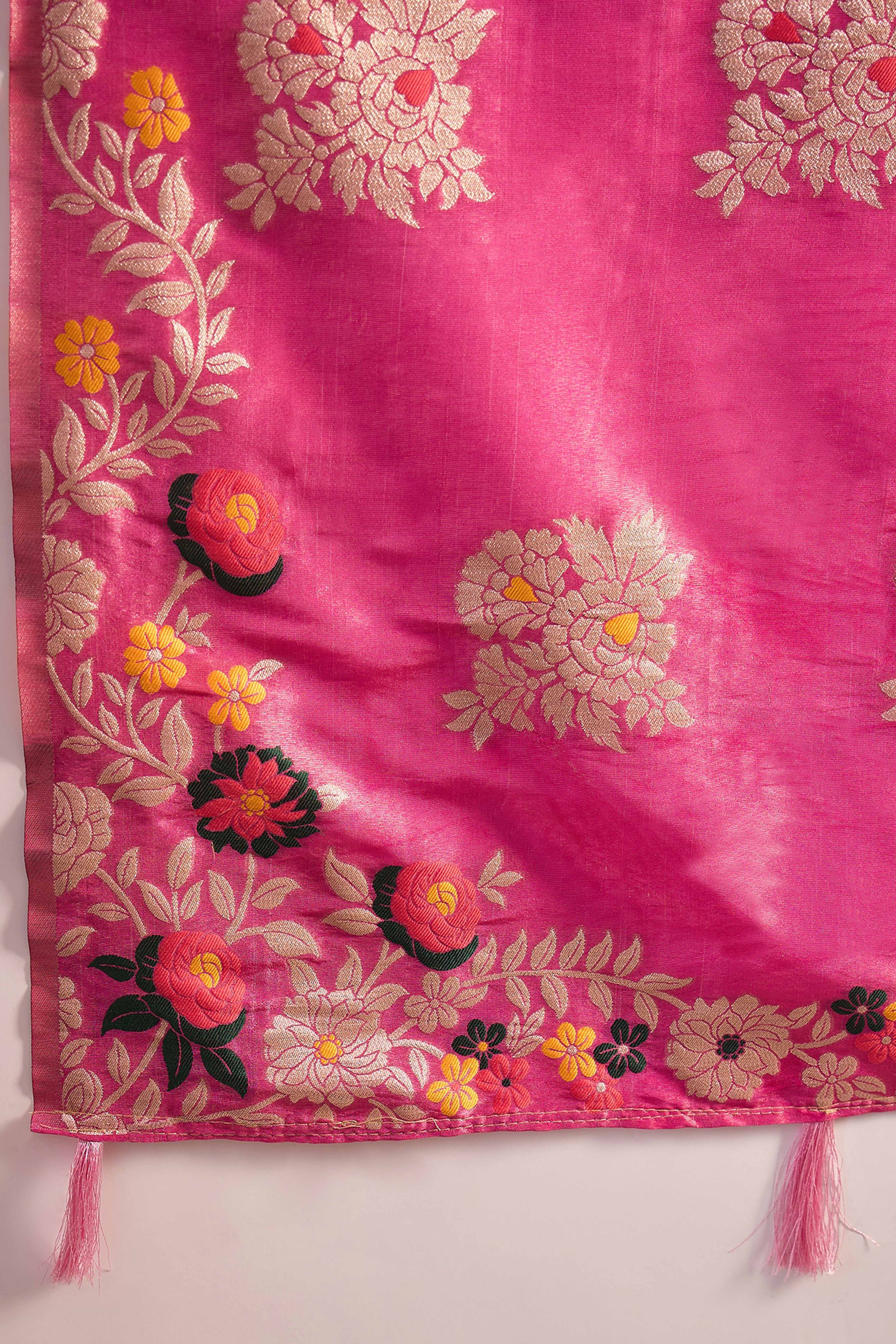 Pink Saree In Shimmer Fabric With Floral Zari Weaving & Decorative Tassel Pallu