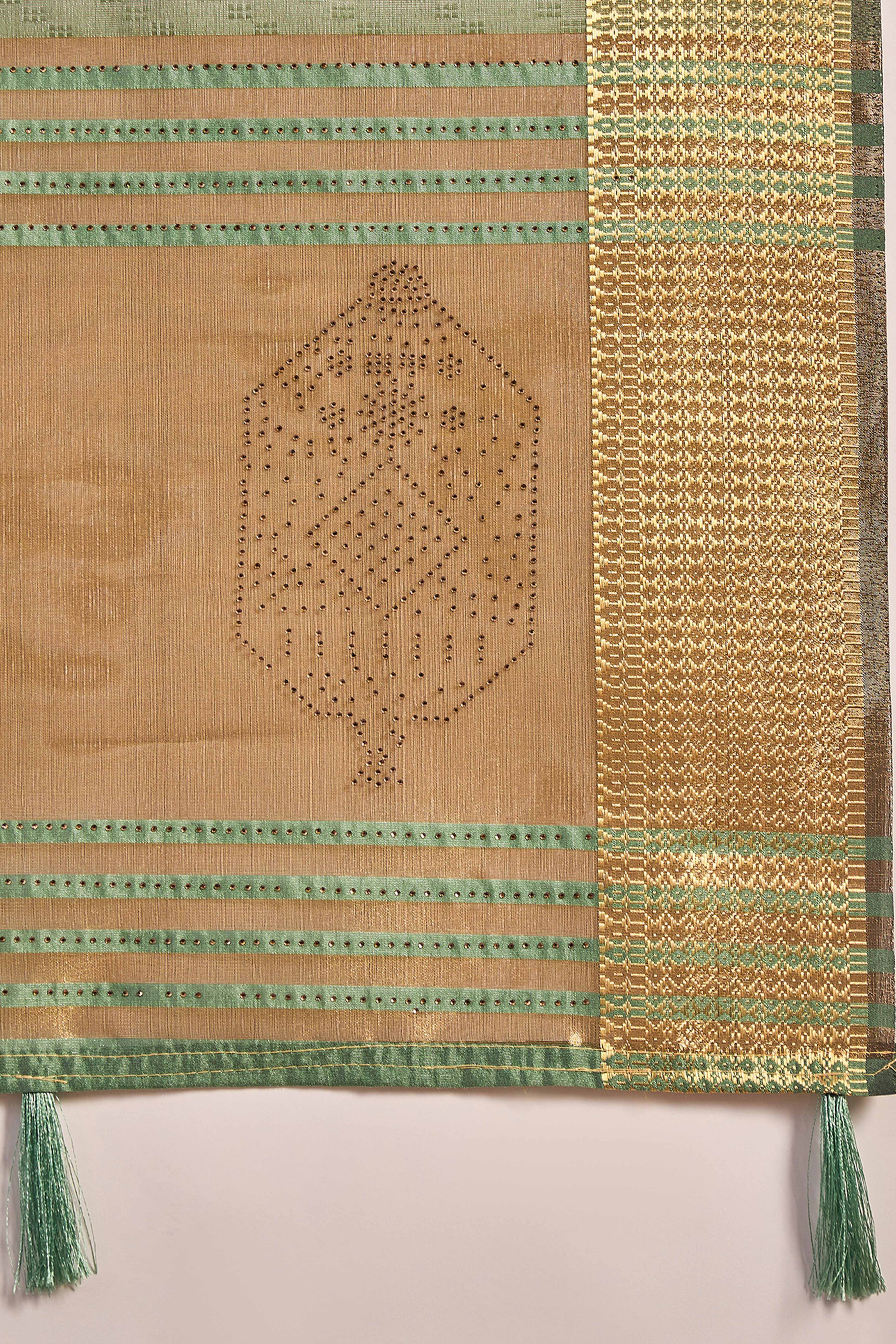 Green Khadi Organza Saree Intricate Weaving & Sparkling Stonework With Tassel Pallu