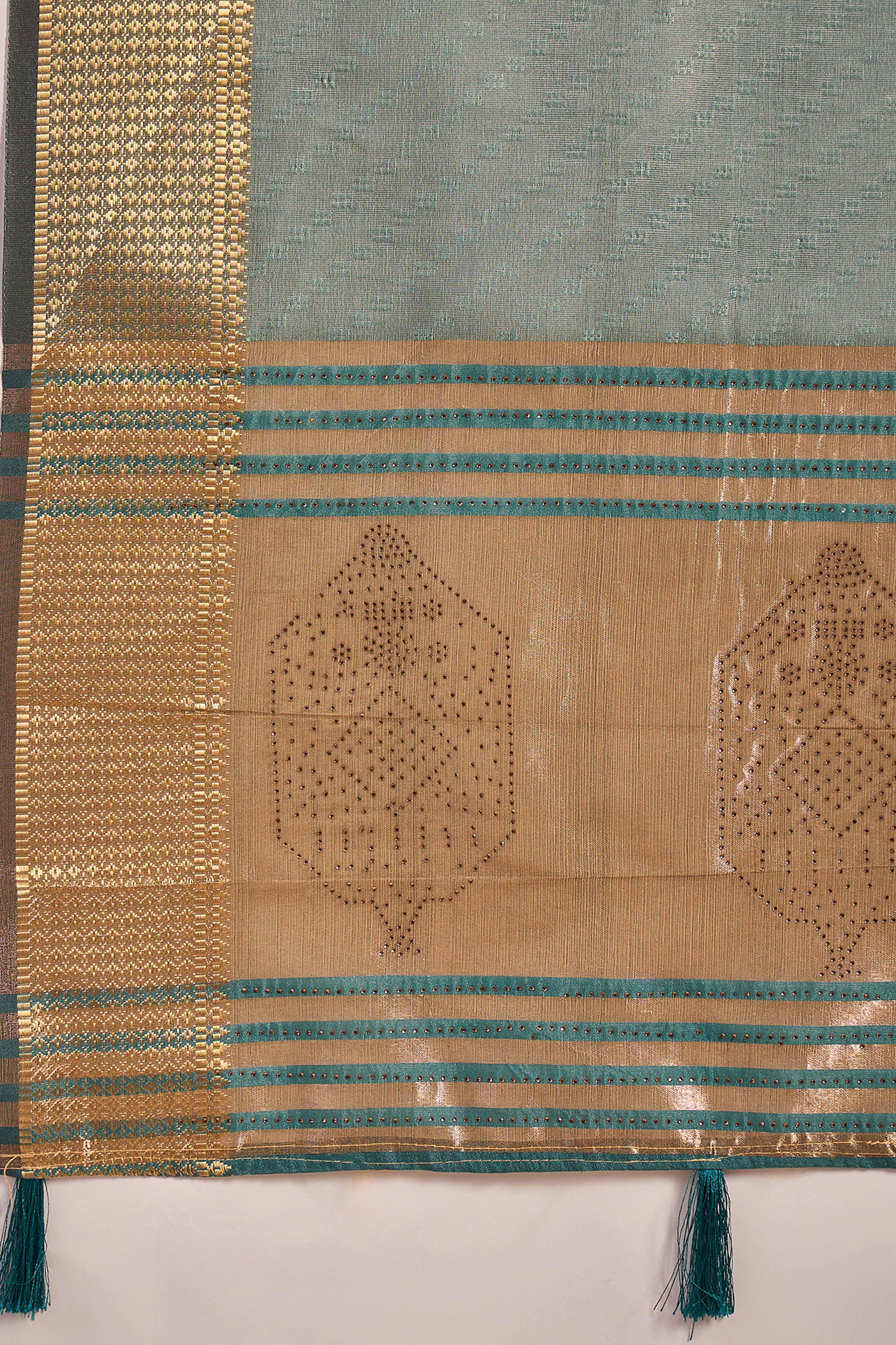 Teal Green Khadi Organza Saree Intricate Weaving & Sparkling Stonework With Tassel Pallu