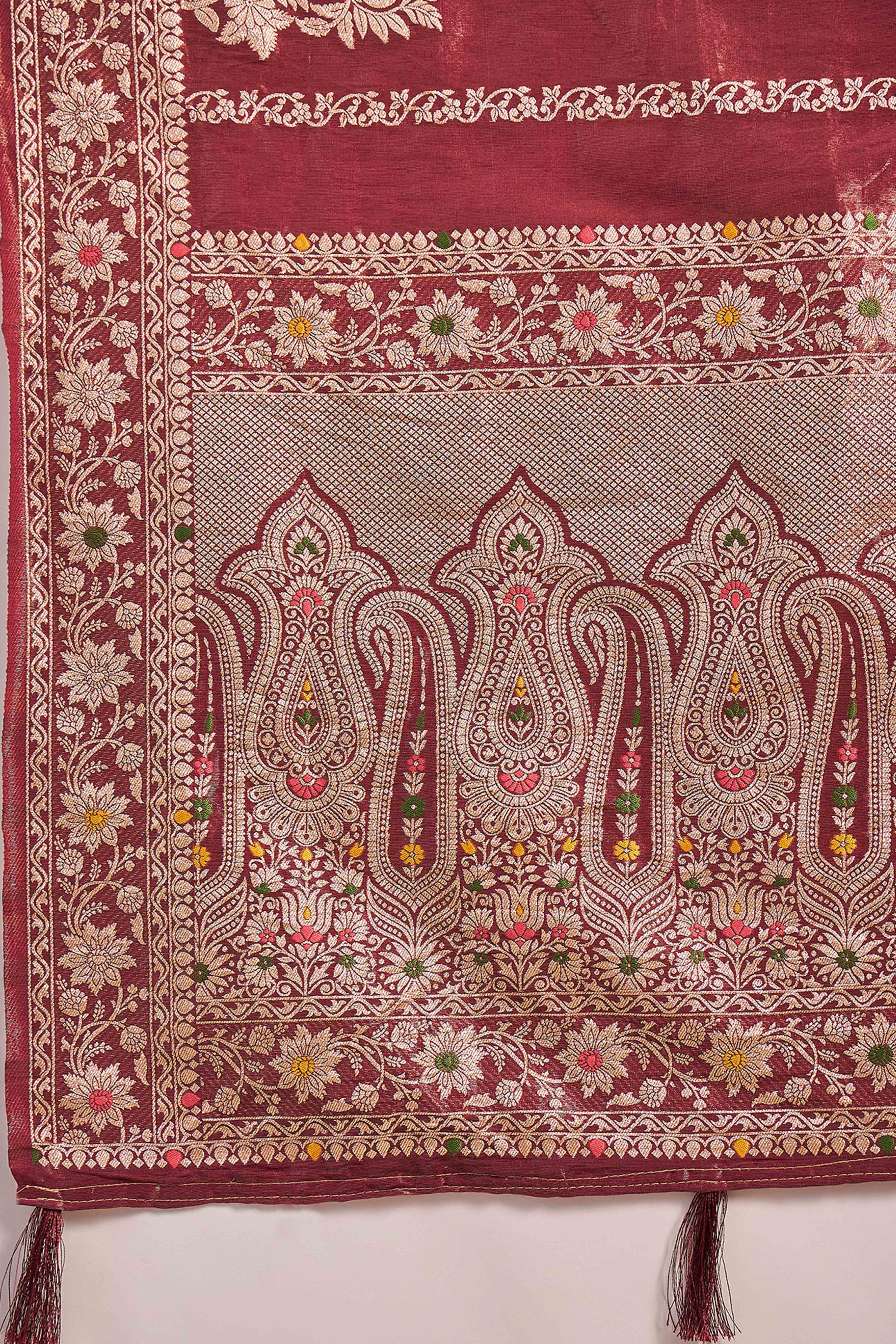 Floral Zari Woven Maroon Saree In Shimmer Finish With Elegant Tassel Pallu