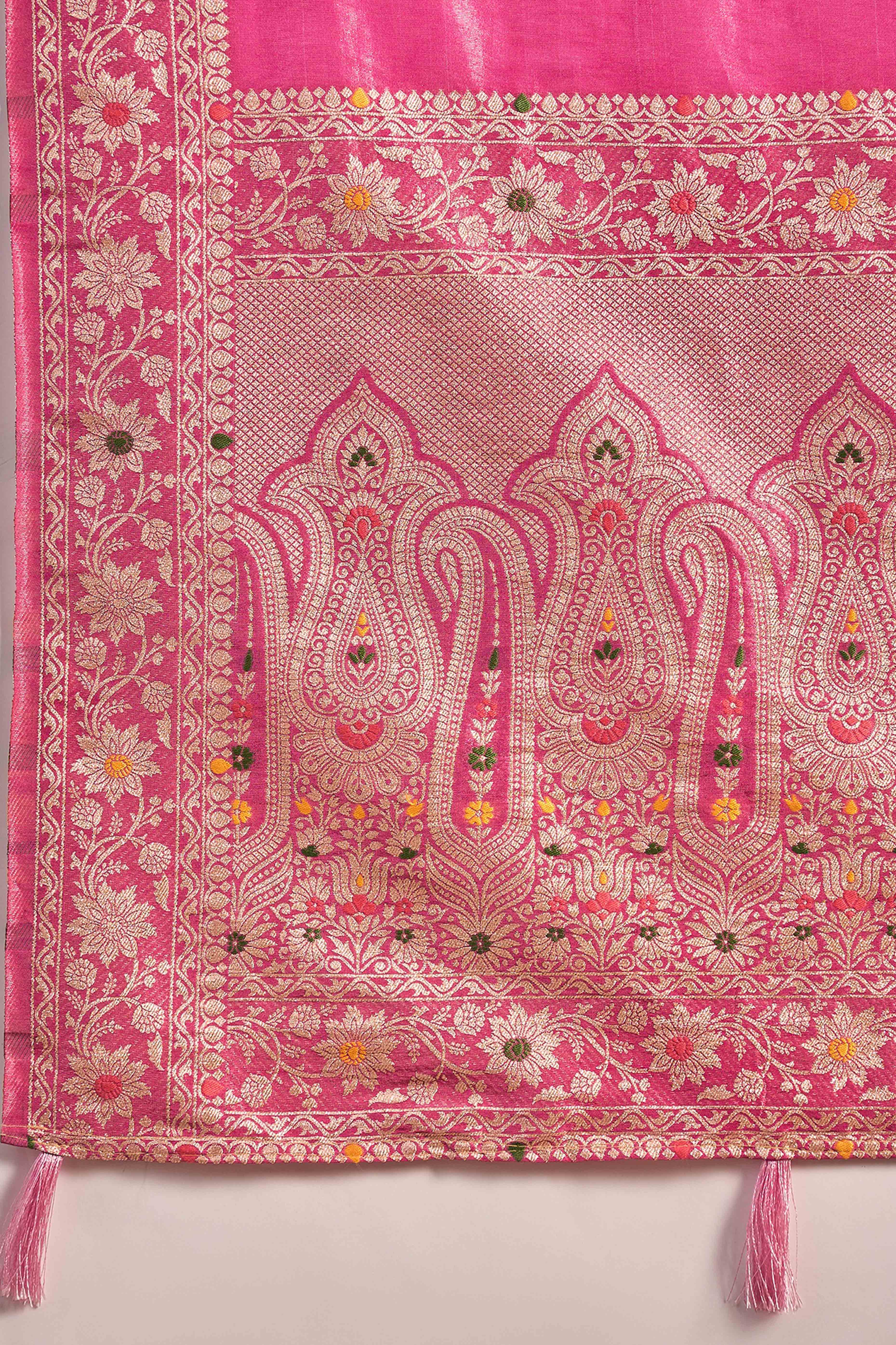 Floral Zari Woven Pink Saree In Shimmer Finish With Elegant Tassel Pallu
