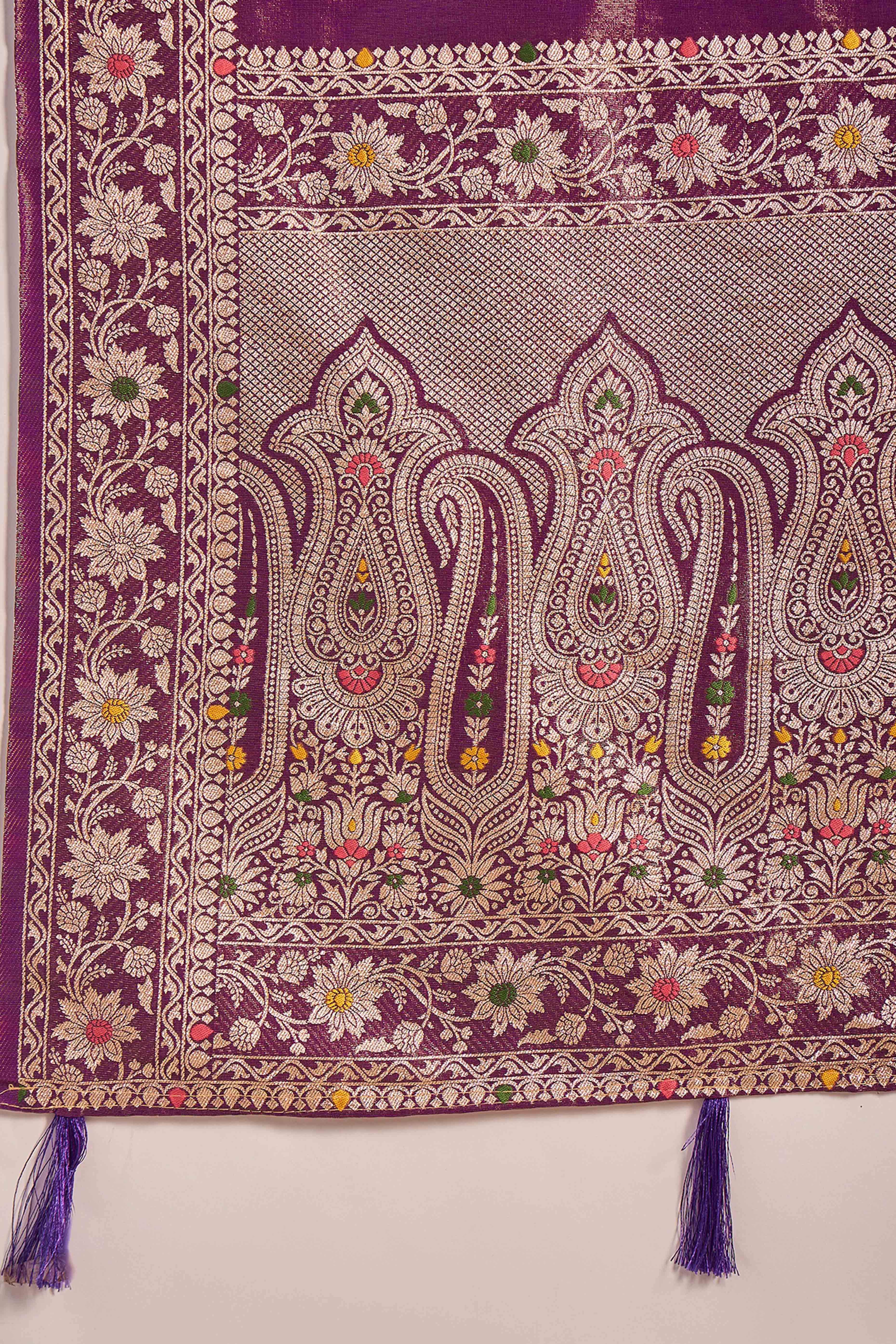 Floral Zari Woven Purple Saree In Shimmer Finish With Elegant Tassel Pallu