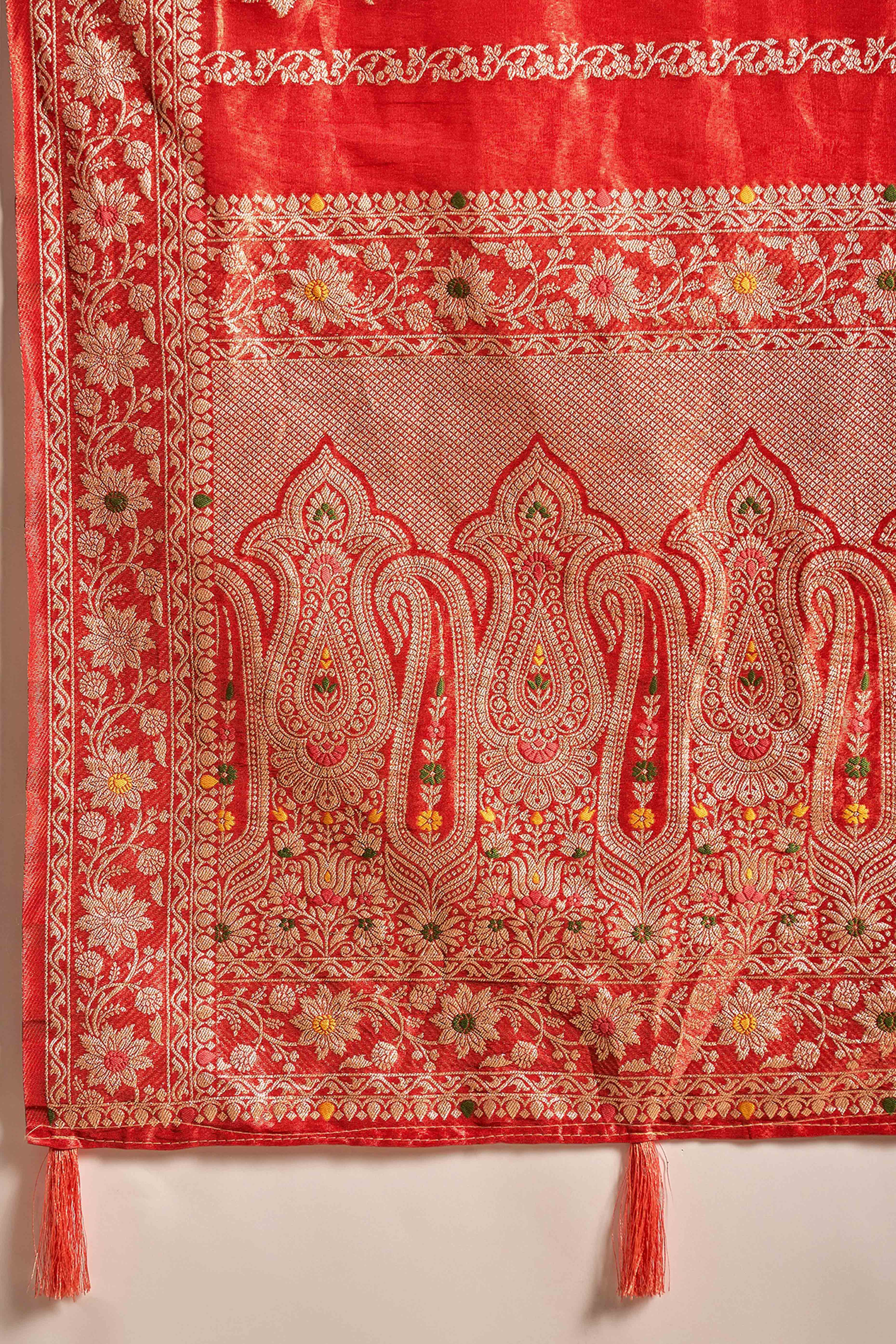 Floral Zari Woven Red Saree In Shimmer Finish With Elegant Tassel Pallu