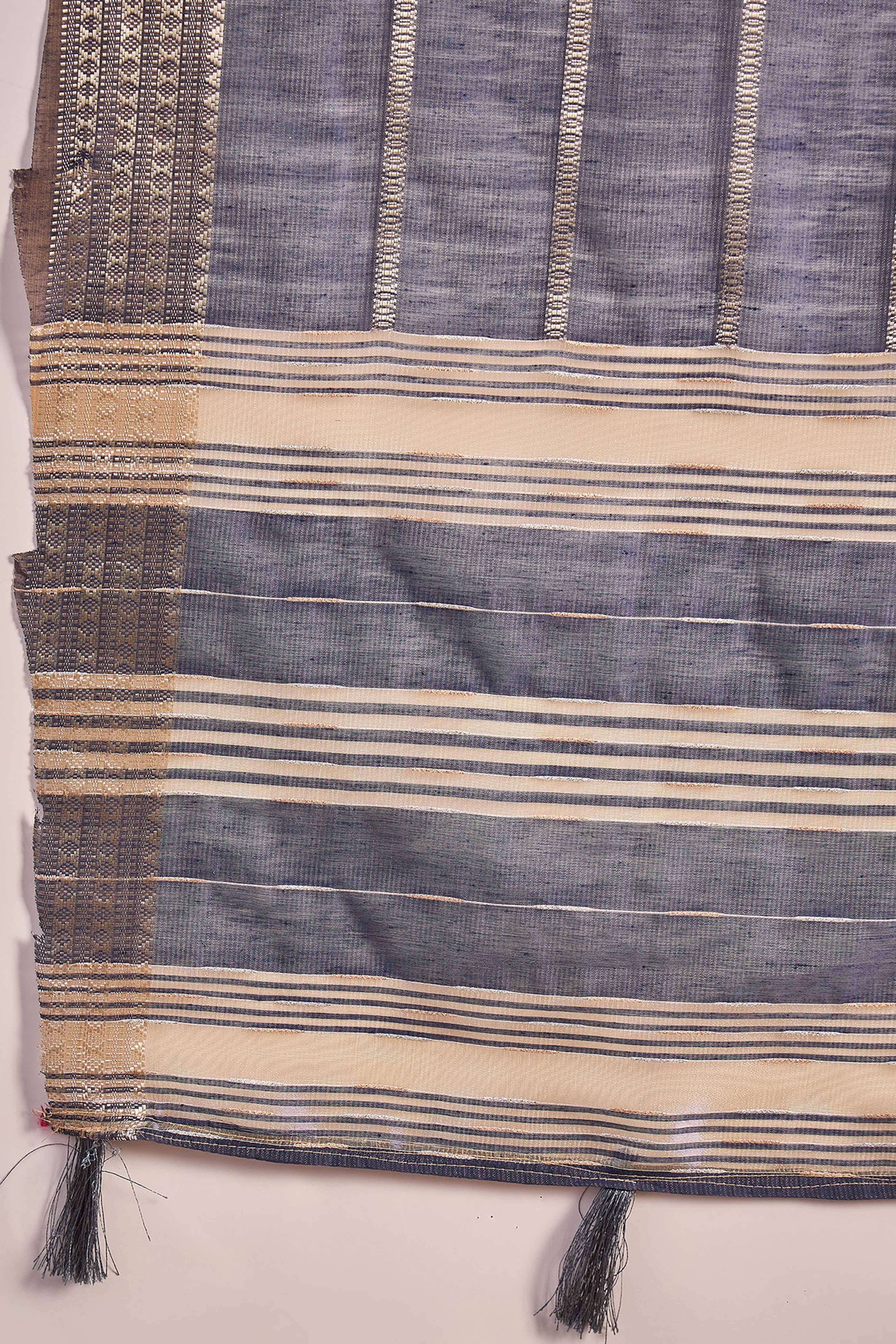Blue Zari Striped Khadi Organza Saree With Graceful Tassel Accents