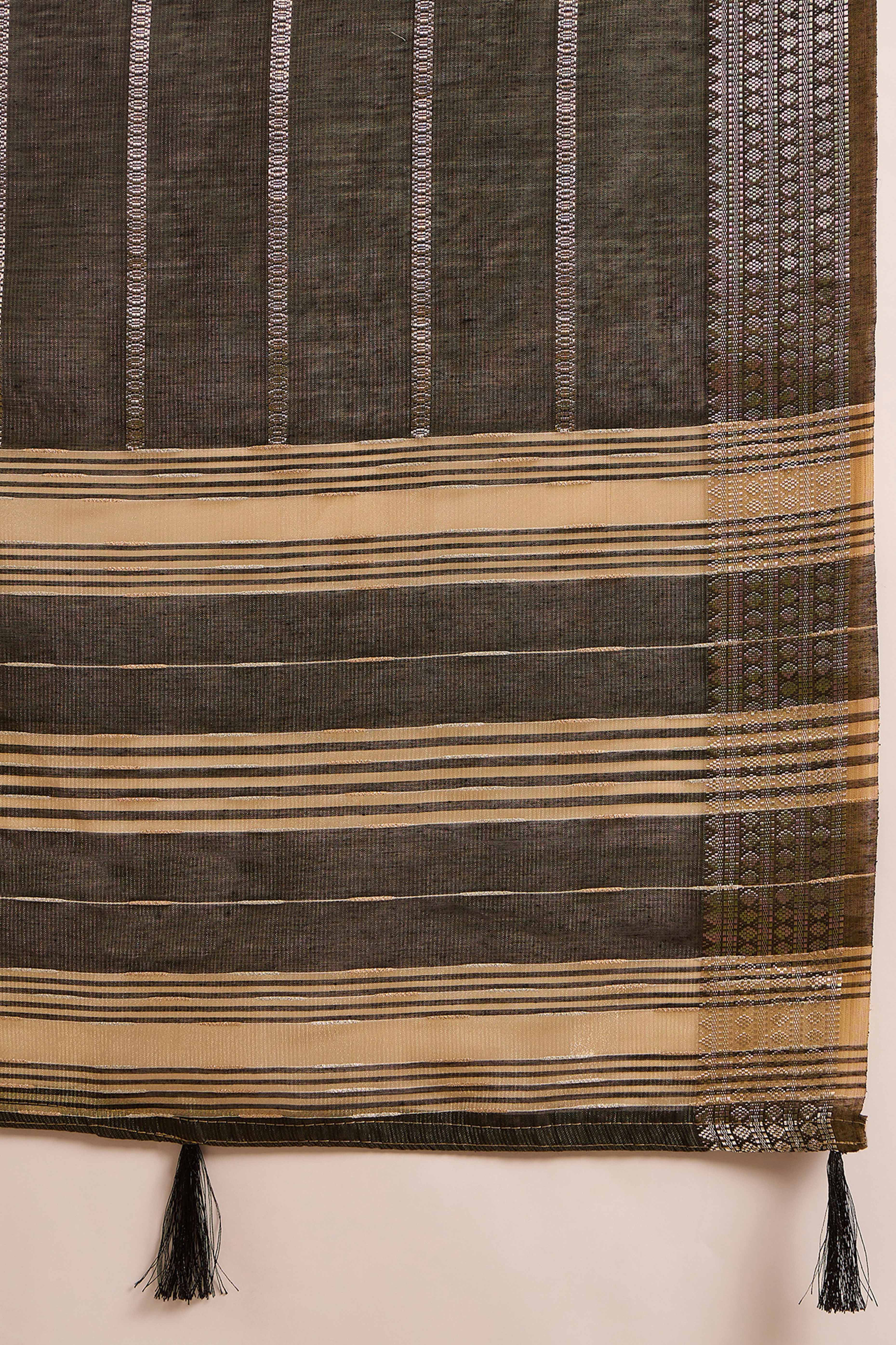 Dark Mehendi Green Zari Striped Khadi Organza Saree With Graceful Tassel Accents