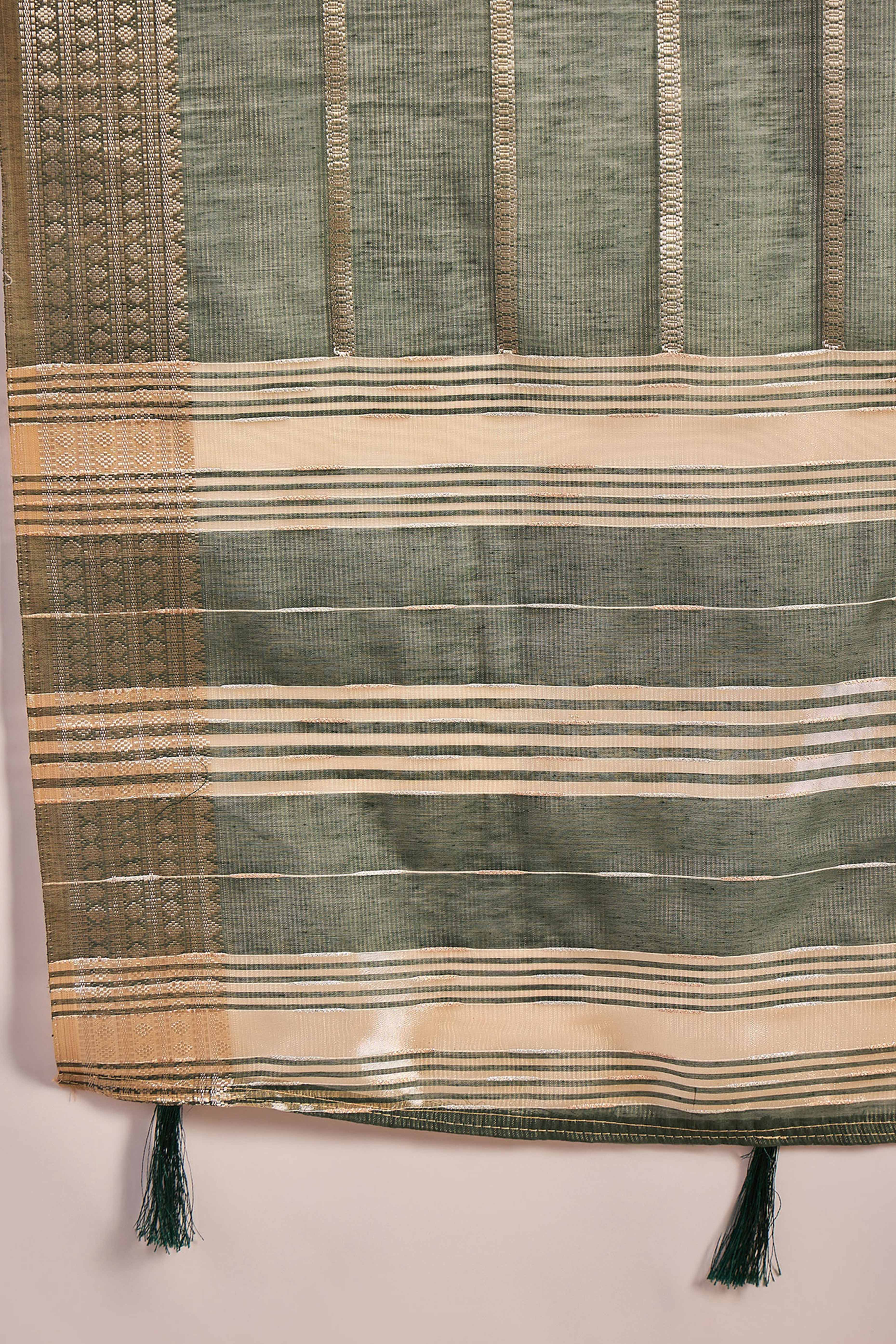 Green Zari Striped Khadi Organza Saree With Graceful Tassel Accents