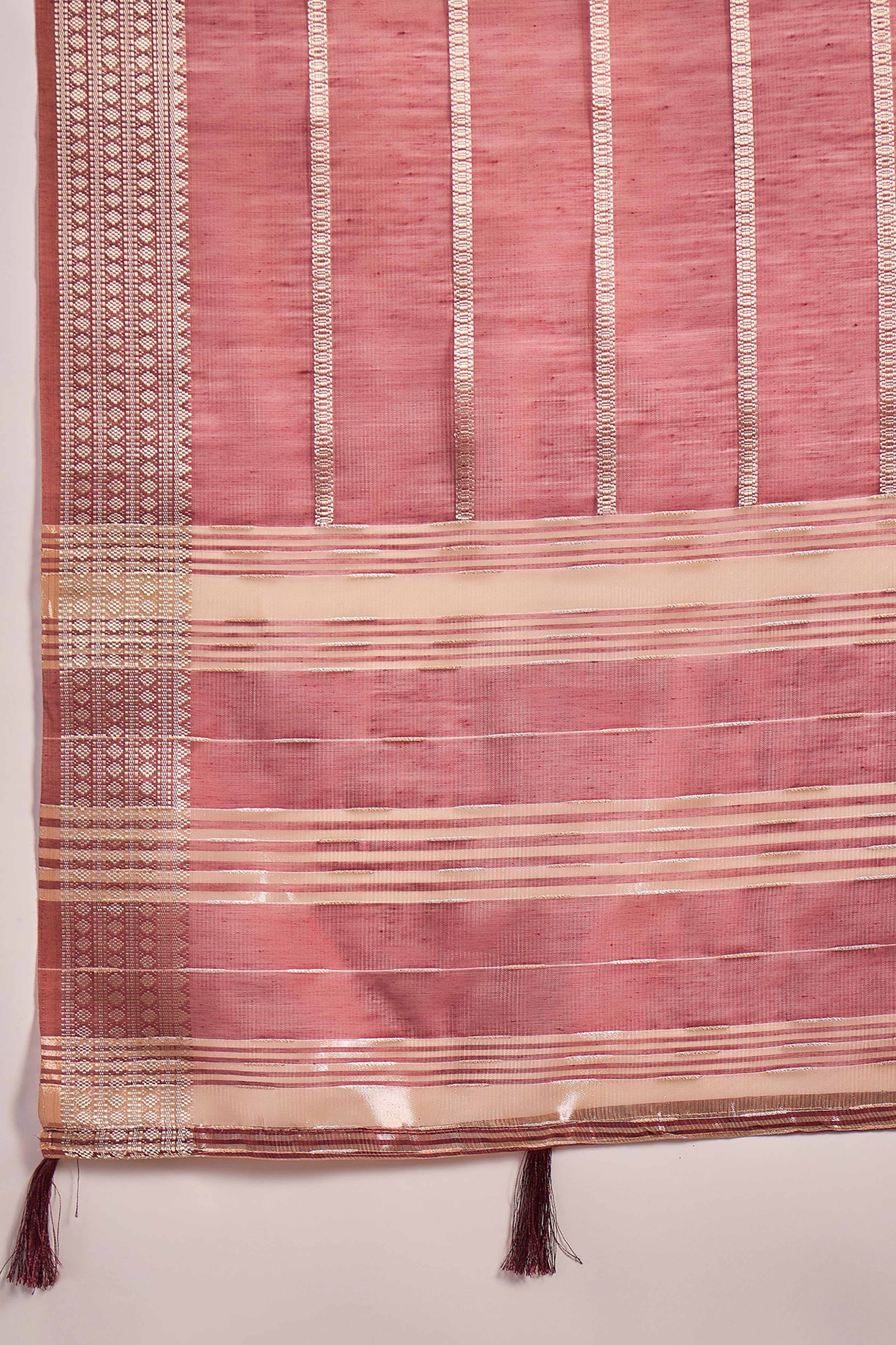 Maroon Zari Striped Khadi Organza Saree With Graceful Tassel Accents
