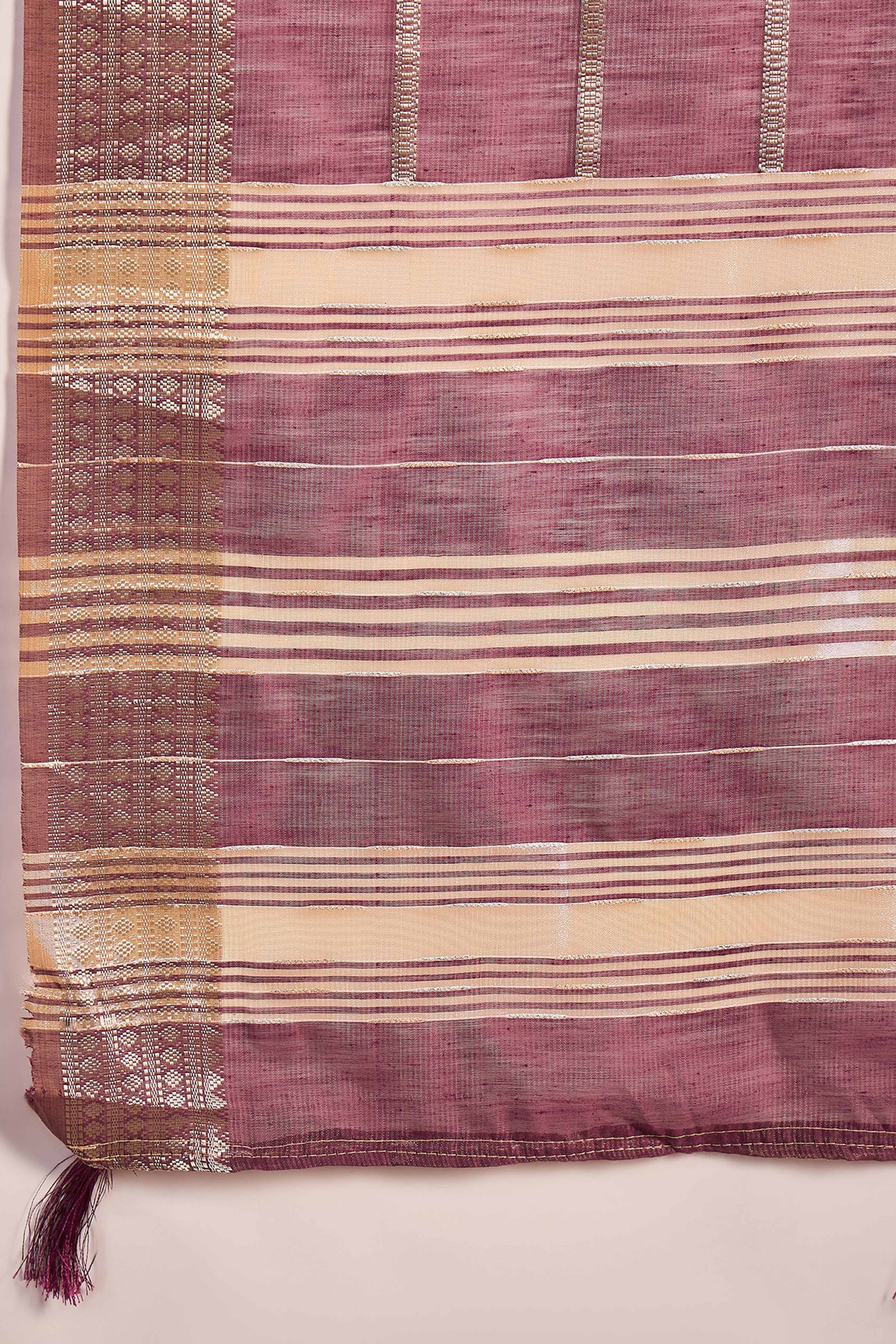Wine Zari Striped Khadi Organza Saree With Graceful Tassel Accents