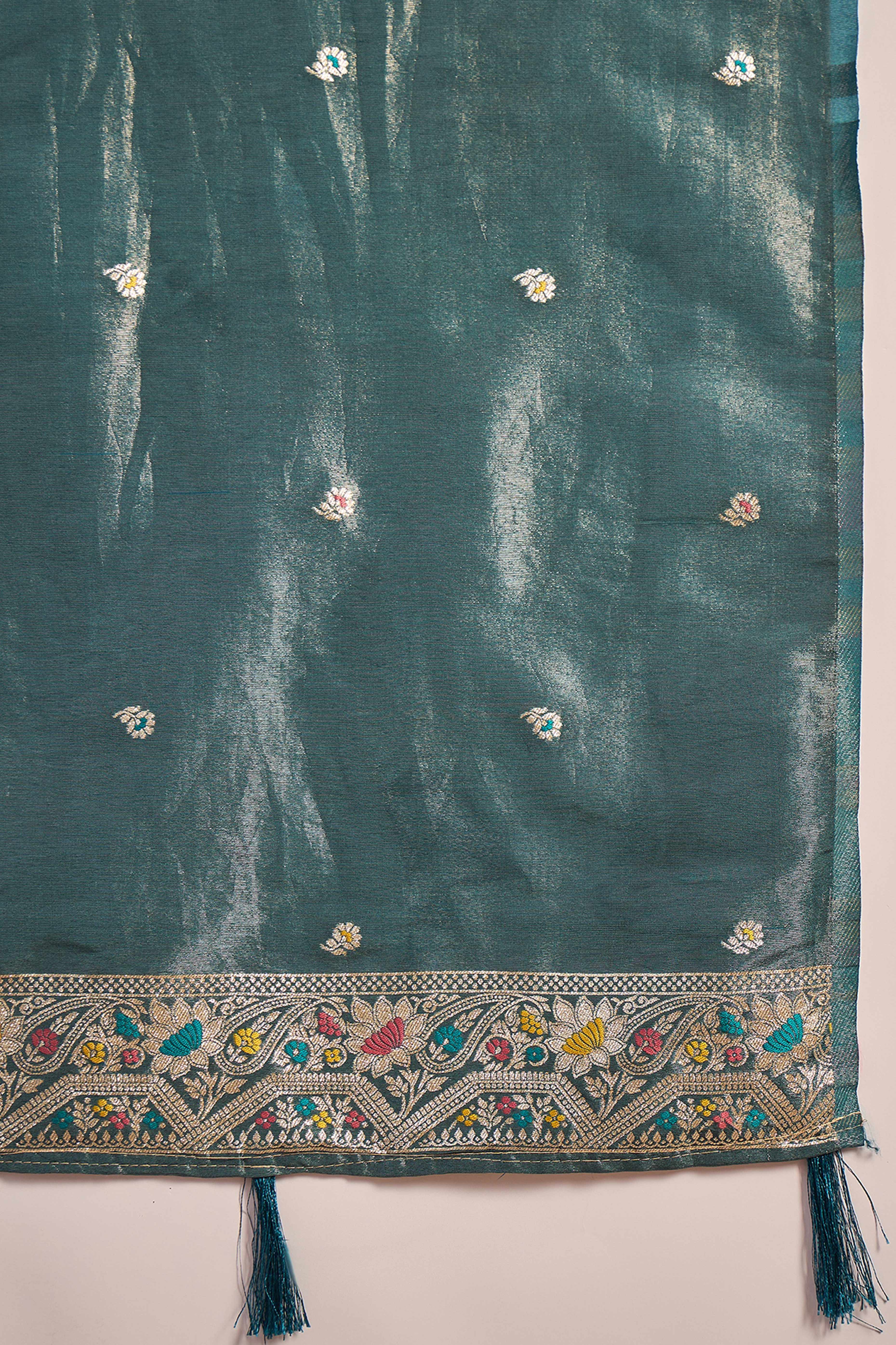 Floral Zari Woven Teal Blue Saree In Shimmer Finish With Elegant Tassel Pallu