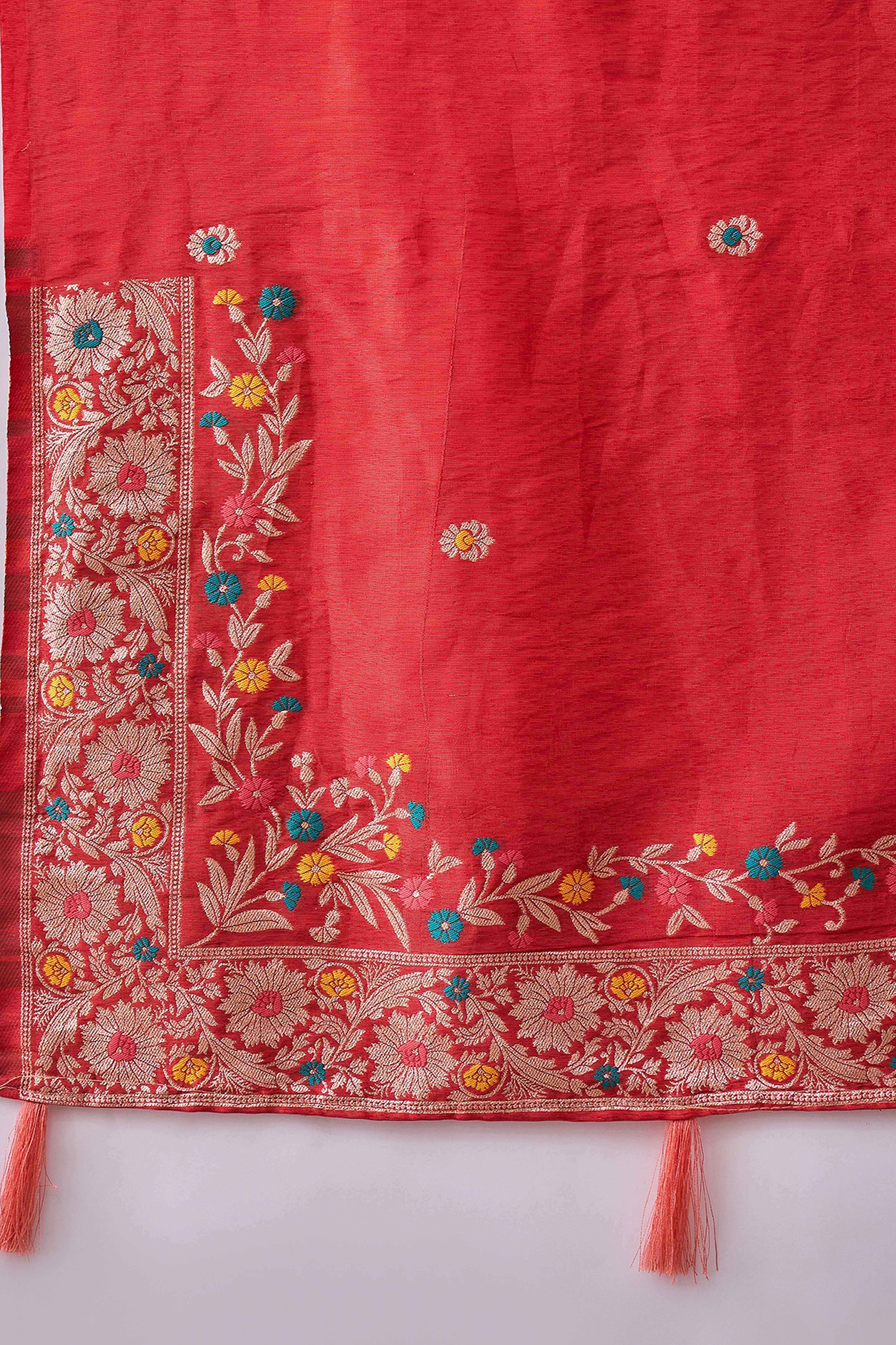 Red Zari Woven Shimmer Saree With Floral Motifs & Flowing Tassel Pallu