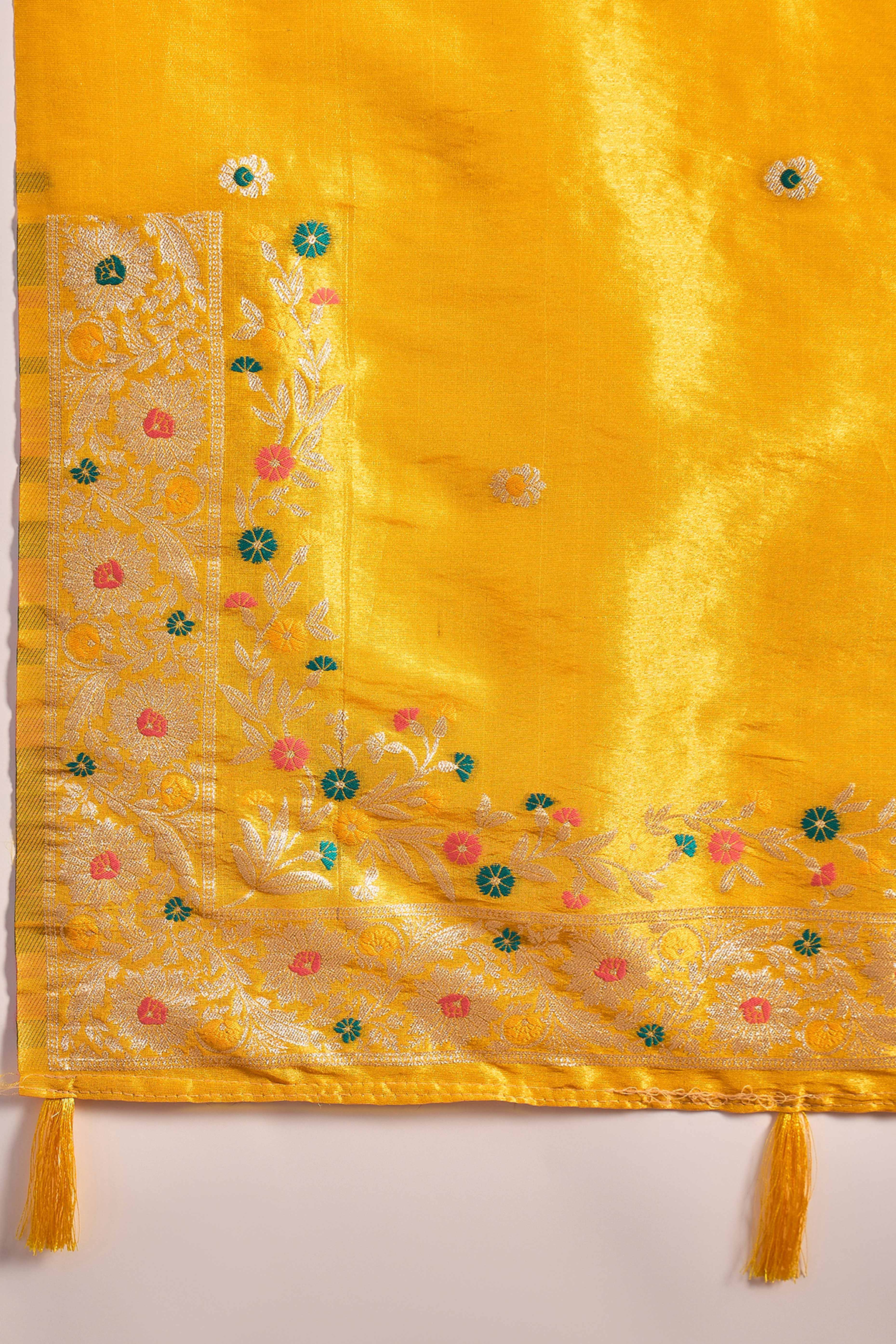 Yellow Zari Woven Shimmer Saree With Floral Motifs & Flowing Tassel Pallu