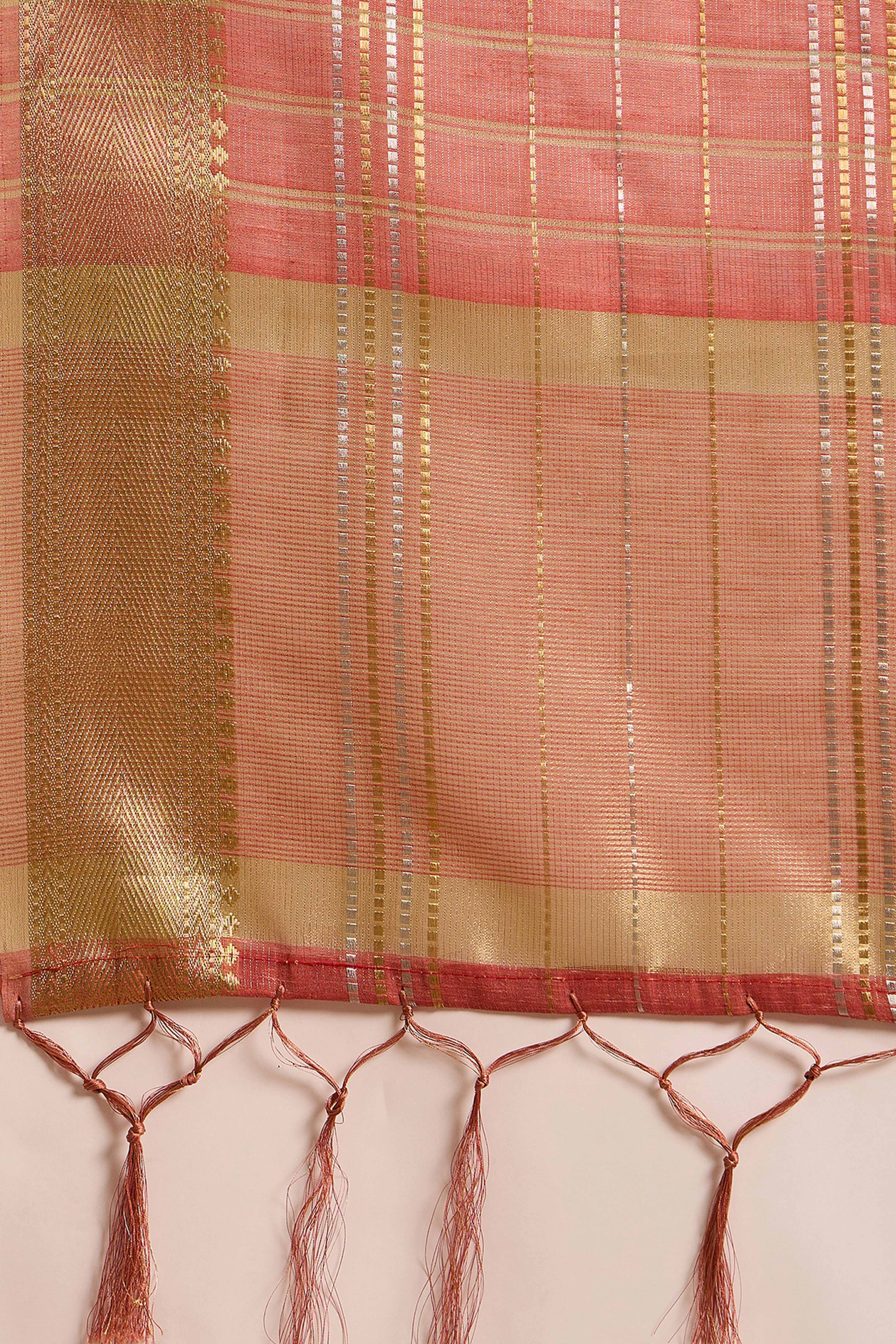 Peach Zari Woven Khadi Organza Saree Featuring Classic Checks & Tassel Detailing
