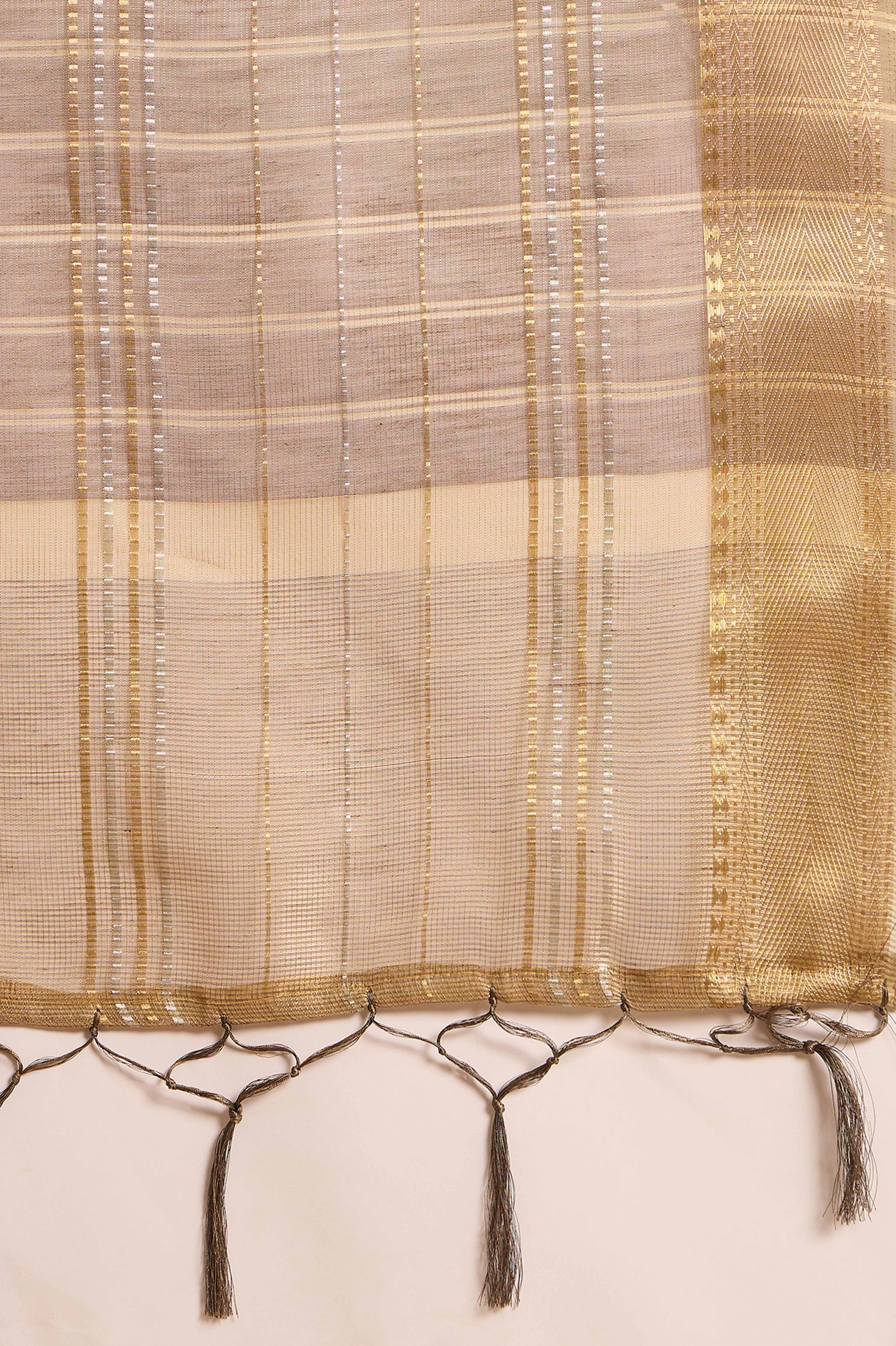 Taupe Zari Woven Khadi Organza Saree Featuring Classic Checks & Tassel Detailing