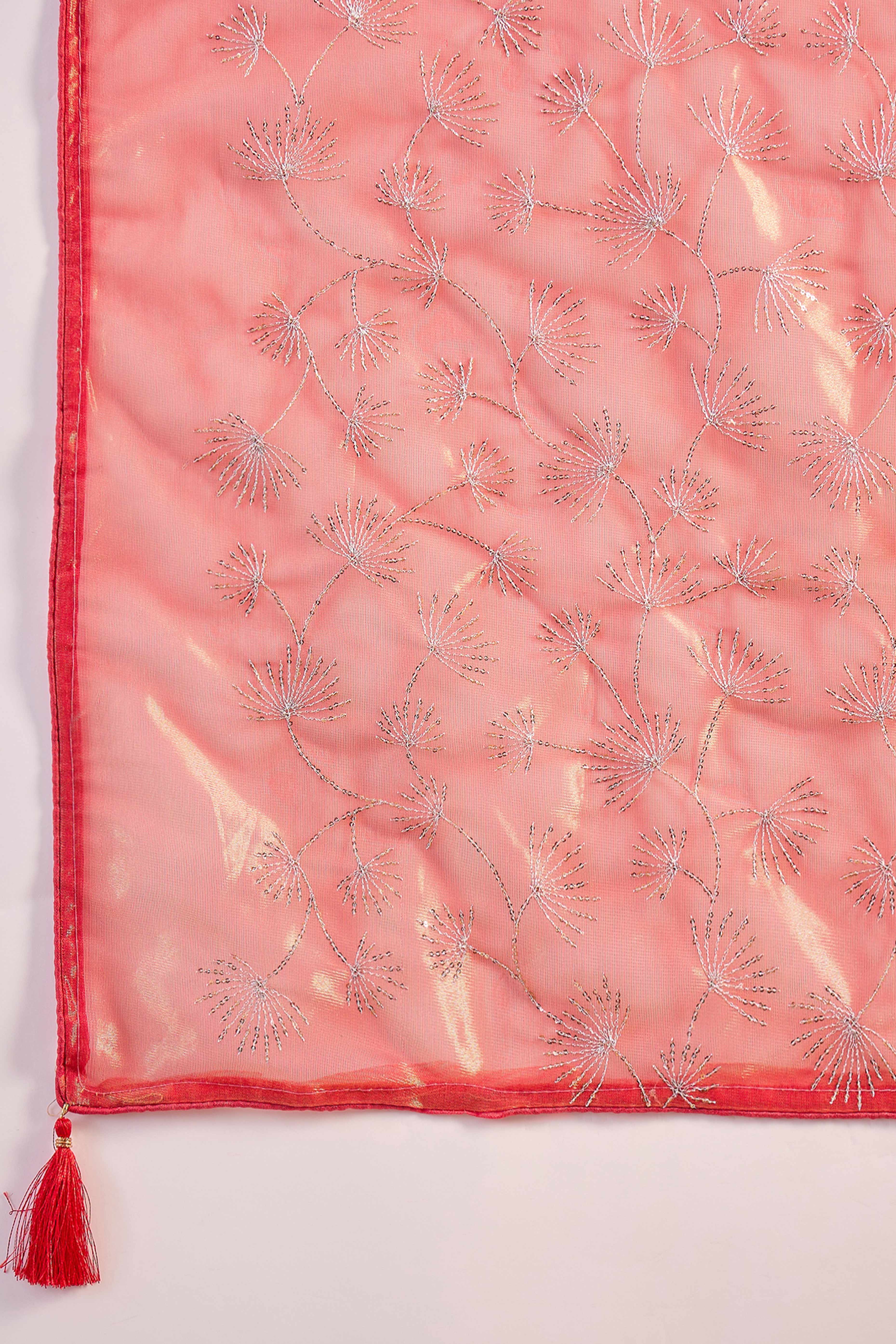 Rust Orange Twill Net Saree With Intricate Floral Sequin Work & Flowing Tassel Pallu